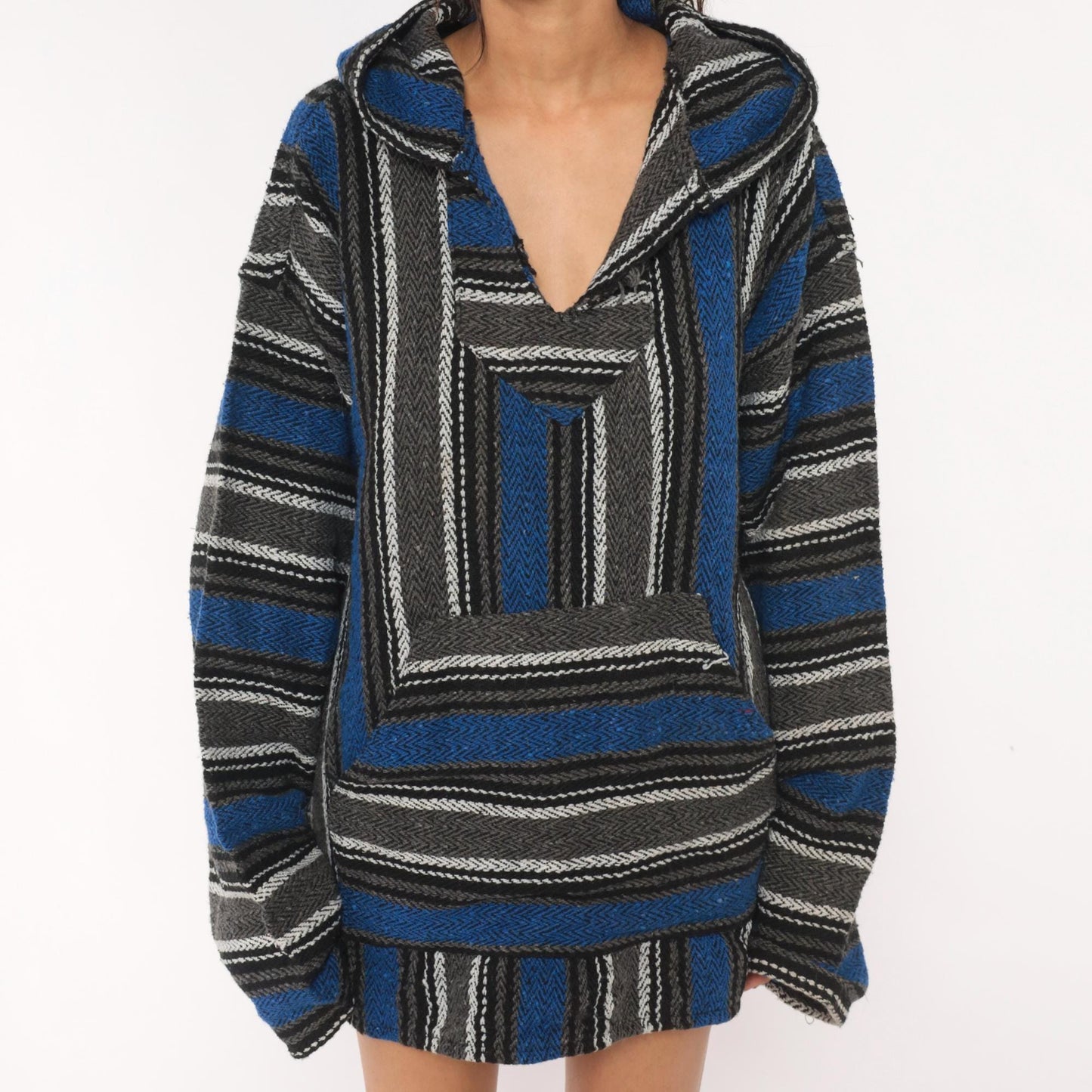 90s Earth Ragz Baja Hoodie Navy Grey Striped Herringbone Plus Size XXL