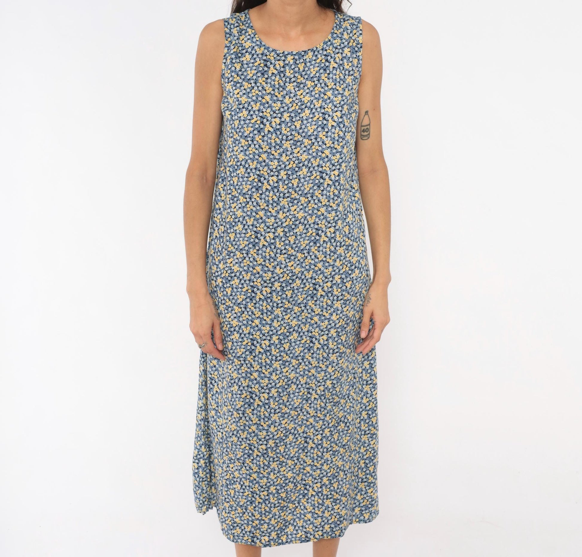 90s Studio Ease Ditsy Floral Midi Dress Navy Blue Yellow Sleeveless Petite Medium