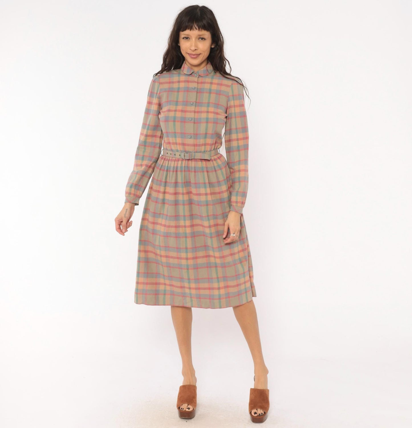 80s St. Maxime Plaid Shirtdress Peter Pan Collar Pastel Pink Blue Tan Medium