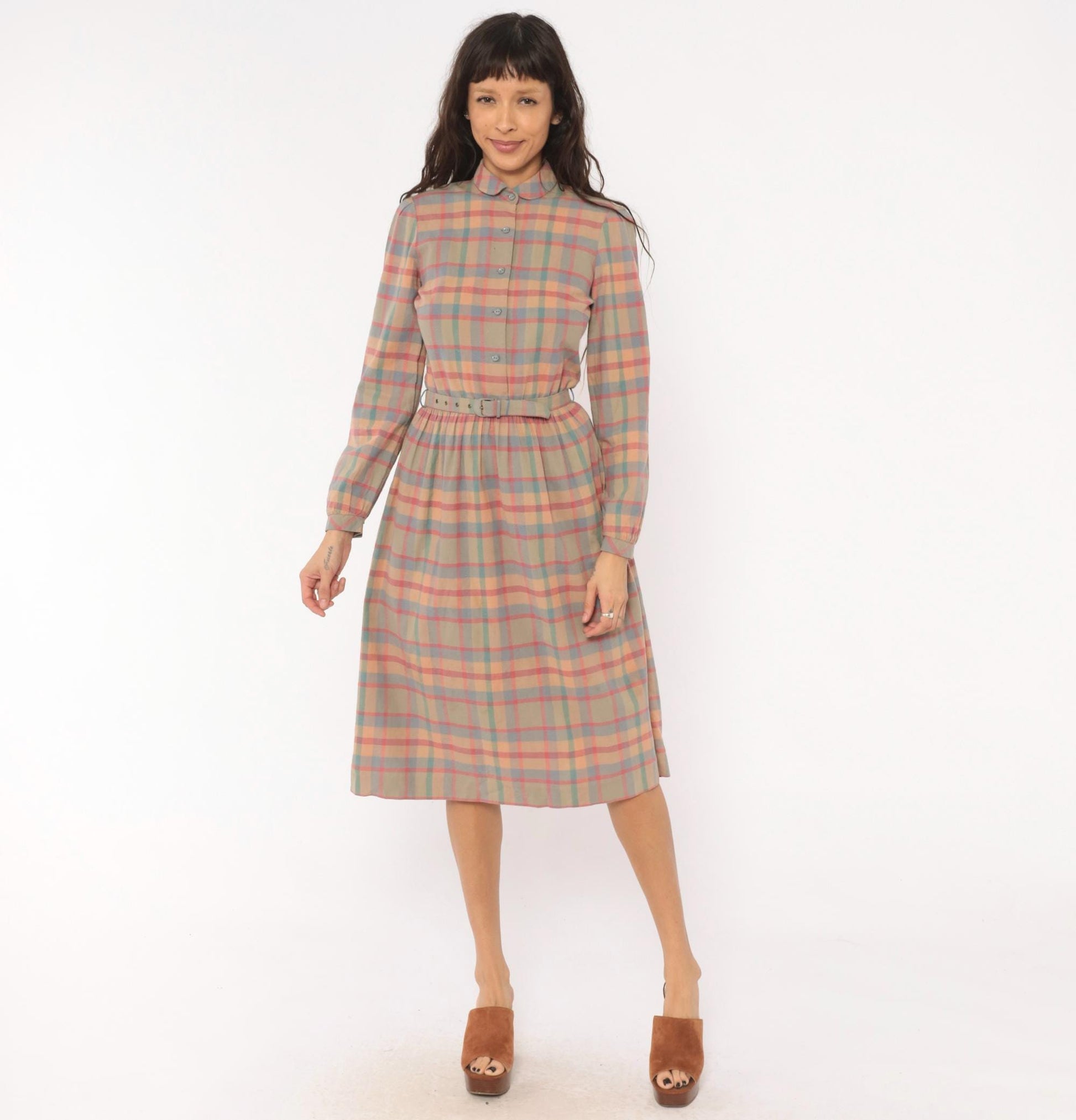 80s St. Maxime Plaid Shirtdress Peter Pan Collar Pastel Pink Blue Tan Medium