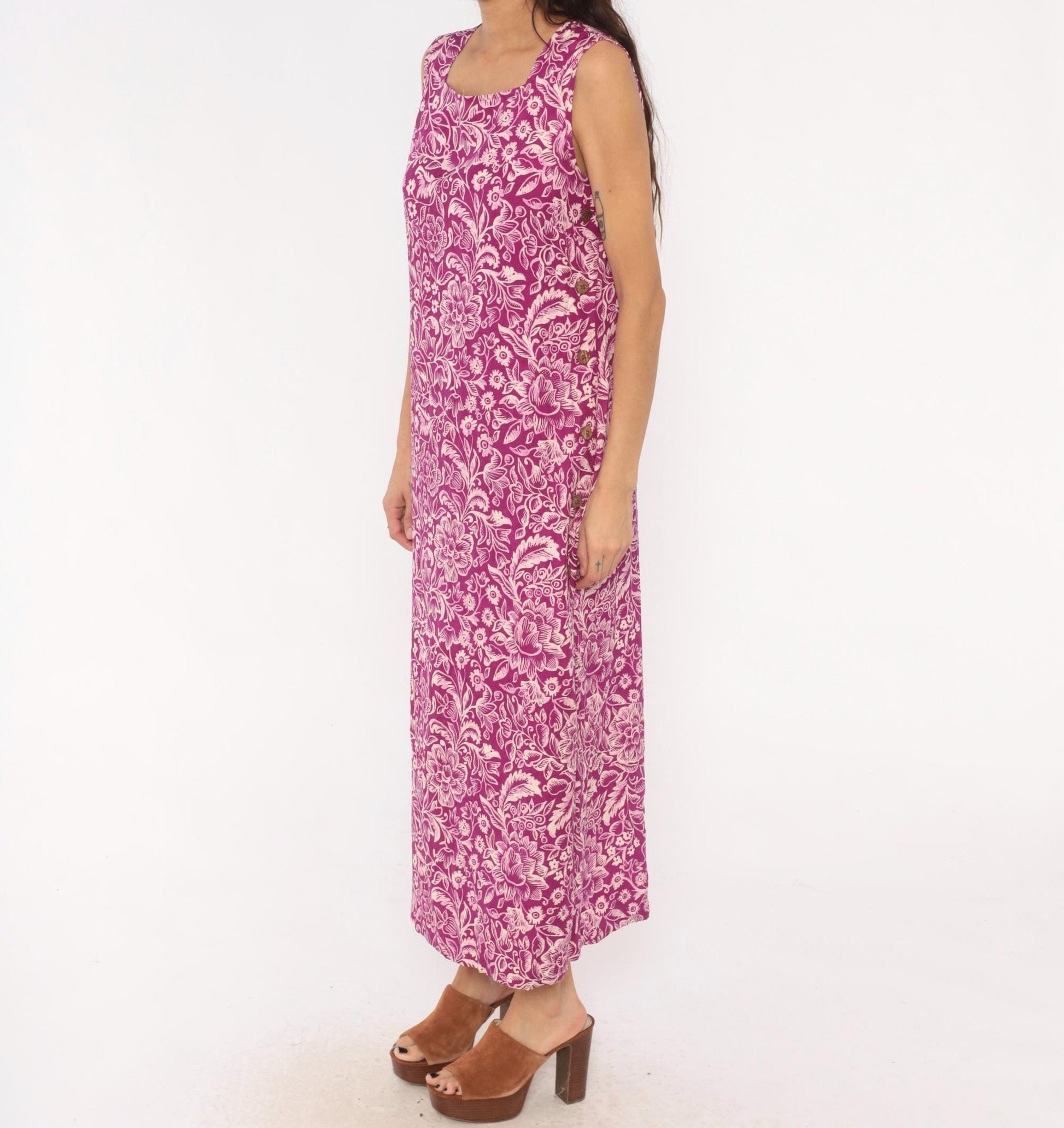 90s Rum Runner Silk Maxi Dress Purple Floral Botanical Print Medium M