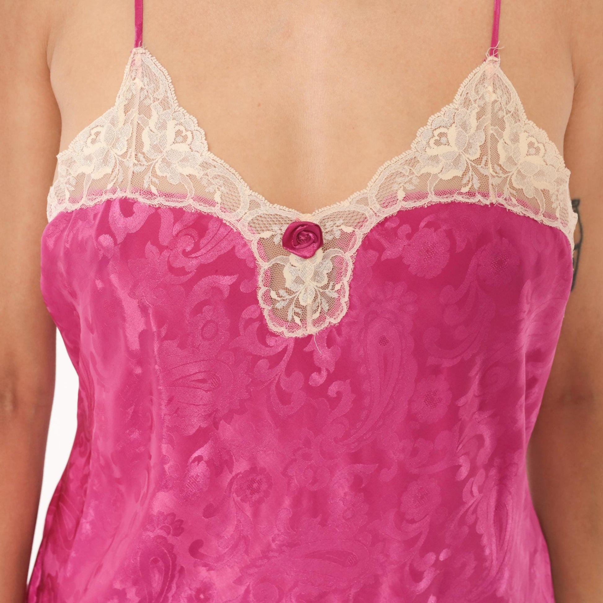 90s Val Mode Fuchsia Jacquard Lingerie Set Slip Dress Robe Coquette Large L