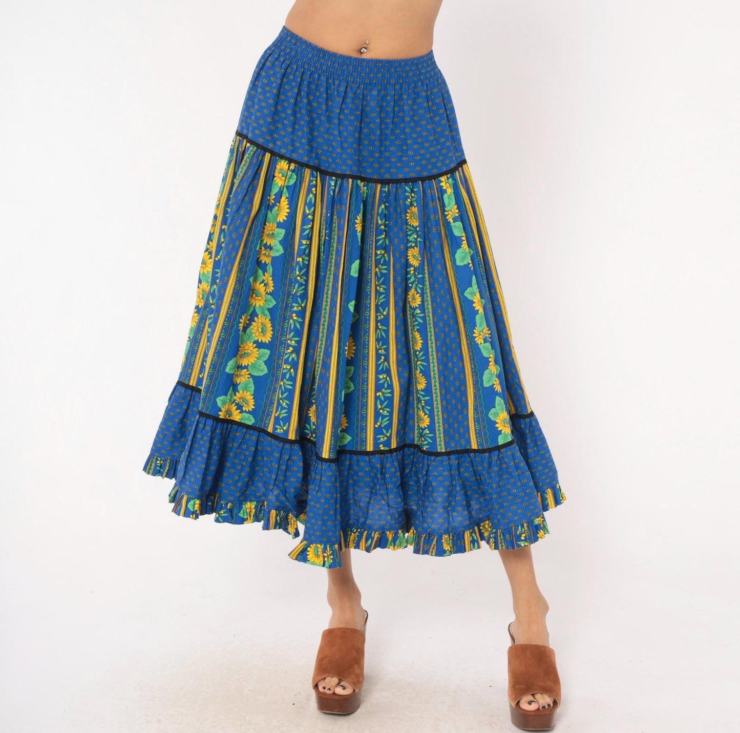 90s Solymod Sunflower Tiered Midi Skirt Blue Cotton Ruffle Small