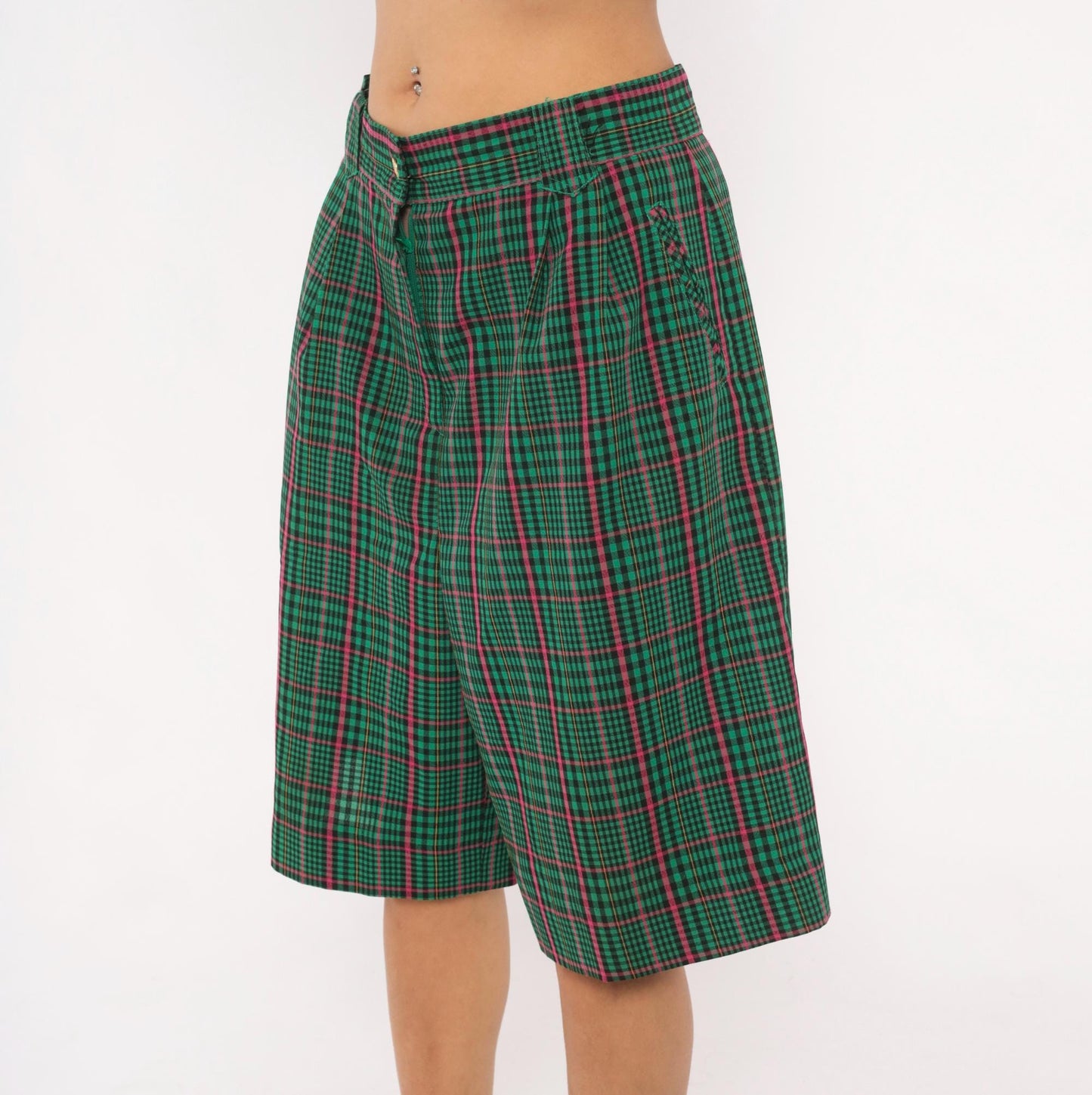 90s Green Plaid Bermuda Shorts High Rise Pleated Tartan Pink Preppy Medium