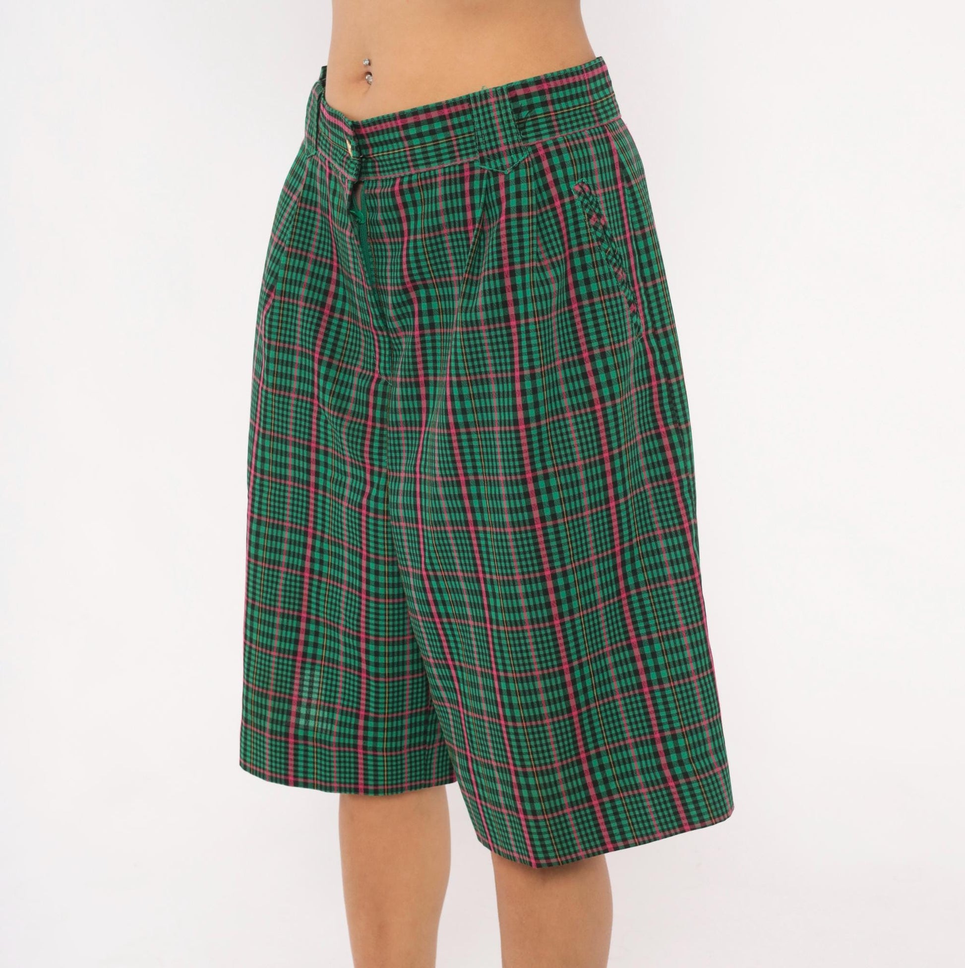 90s Green Plaid Bermuda Shorts High Rise Pleated Tartan Pink Preppy Medium