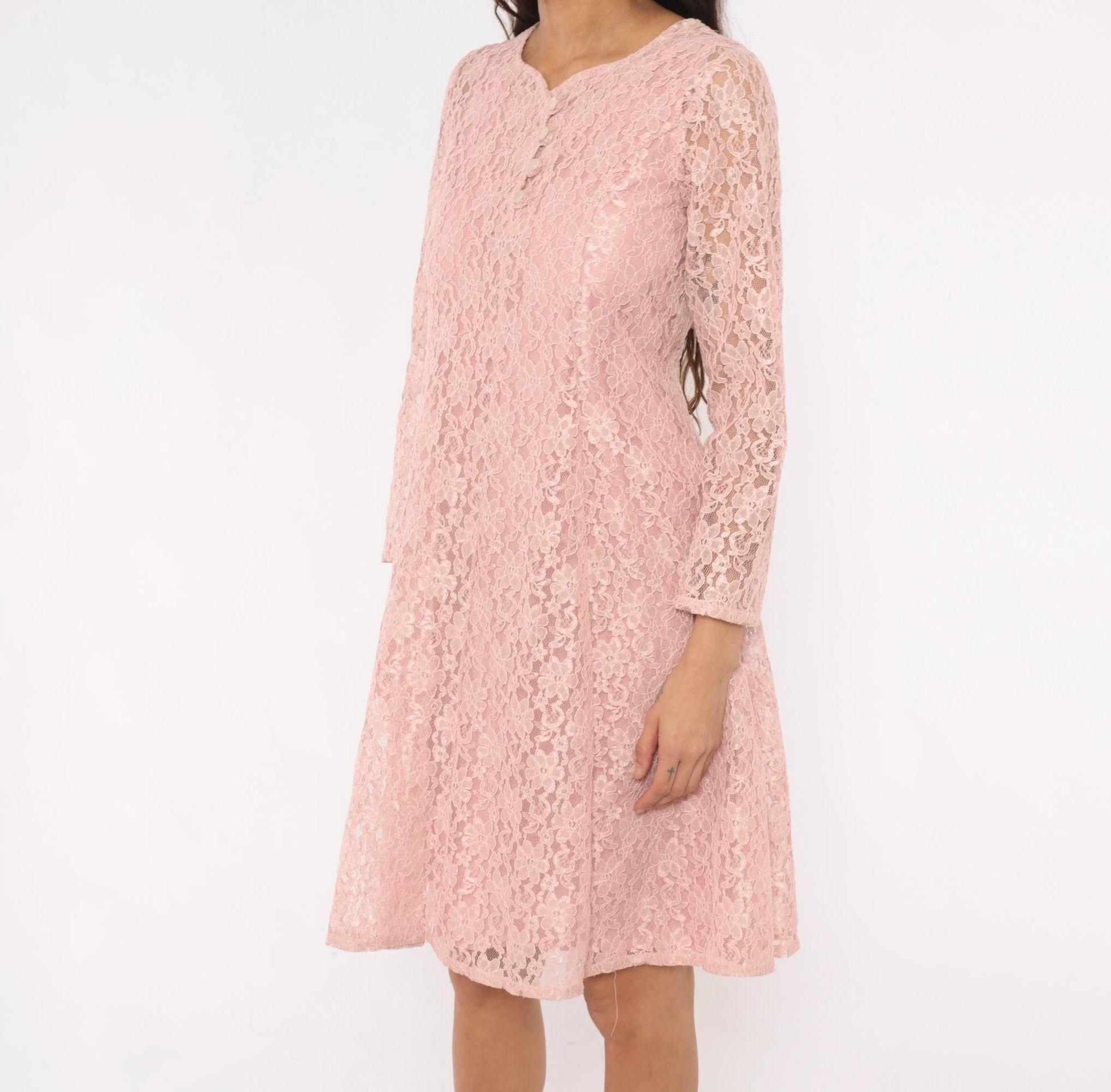 90s Allison Ann Blush Floral Lace Dress Button Front Corset Back Large L