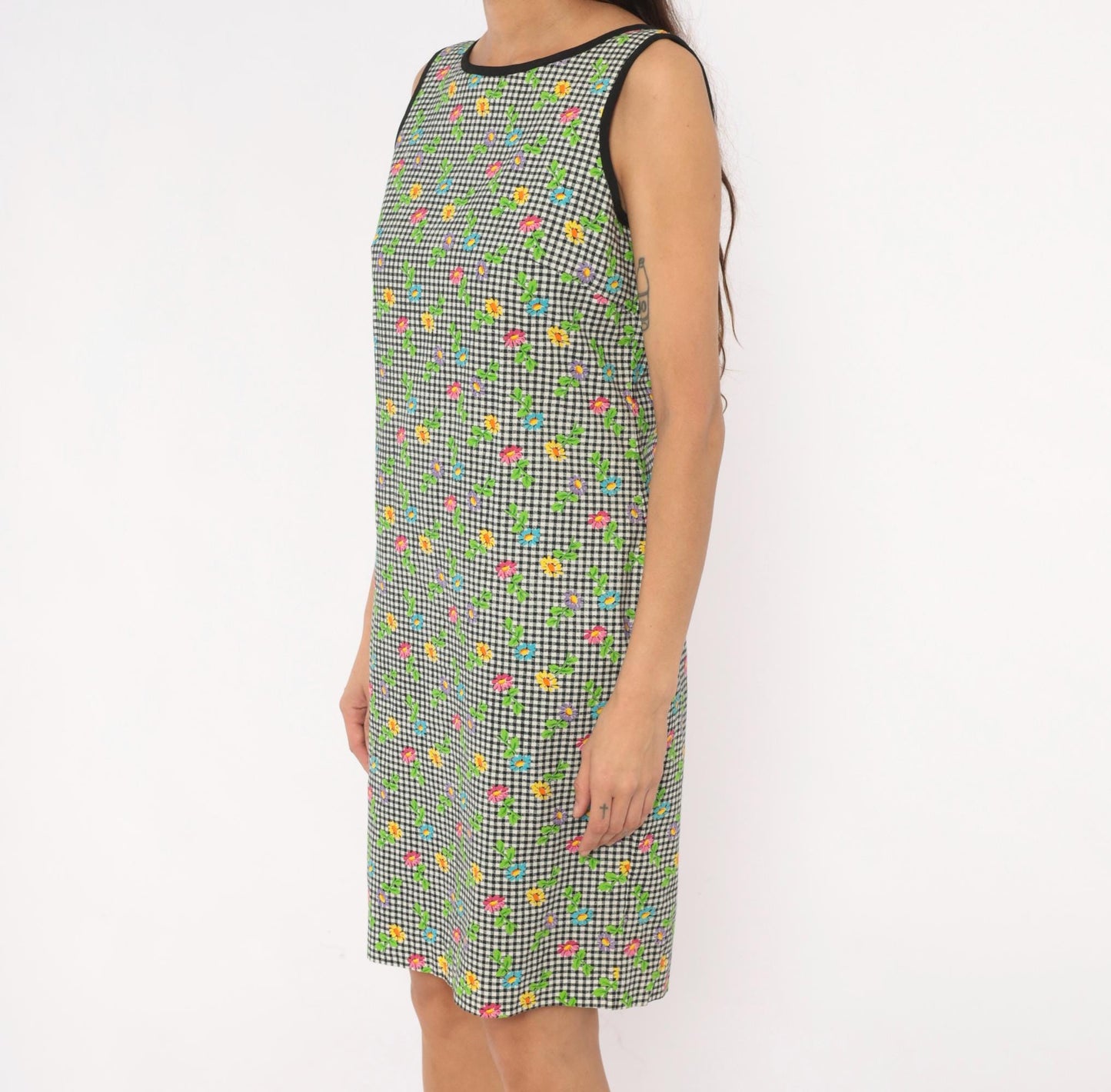 90s Misty Lane Gingham Daisy Shift Dress Cotton Black White Small