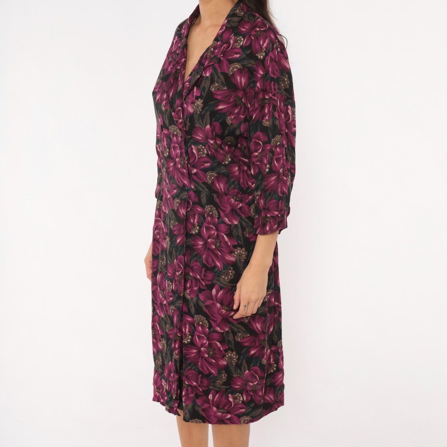 90s Plum Floral Wrap Dress V-Neck Button Front Knee-Length Large