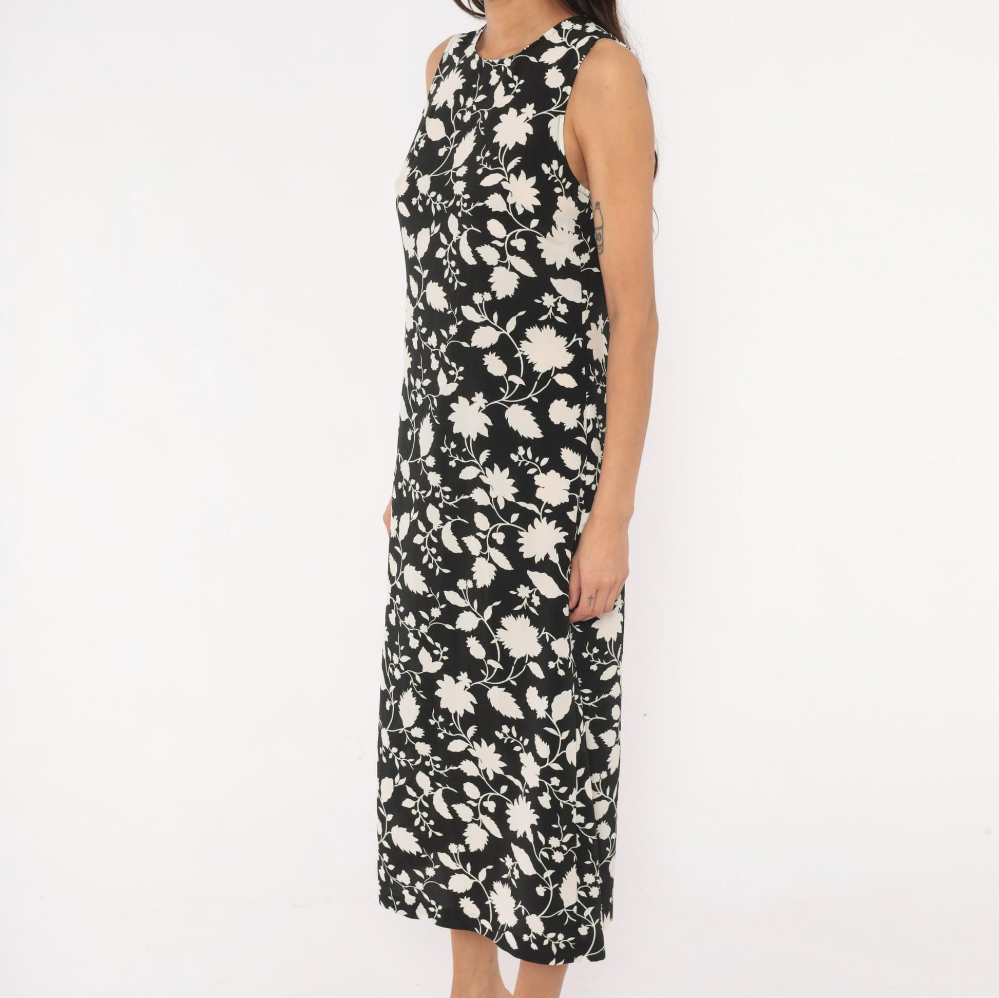 00s Old Navy Black Cream Floral Midi Dress Sleeveless Small S