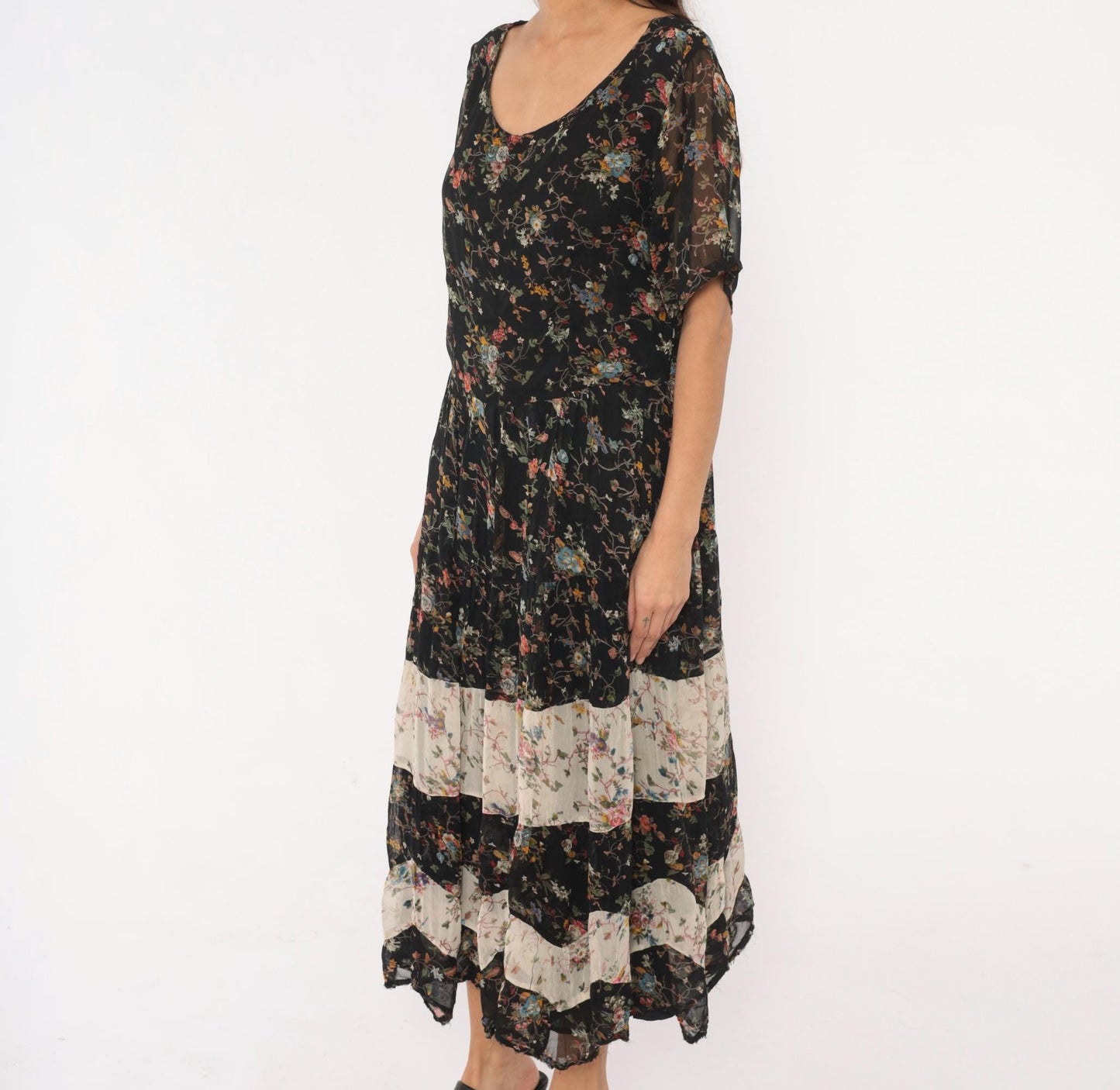 90s Bila Black Floral Maxi Dress Tiered Patchwork Short Sleeve Large L