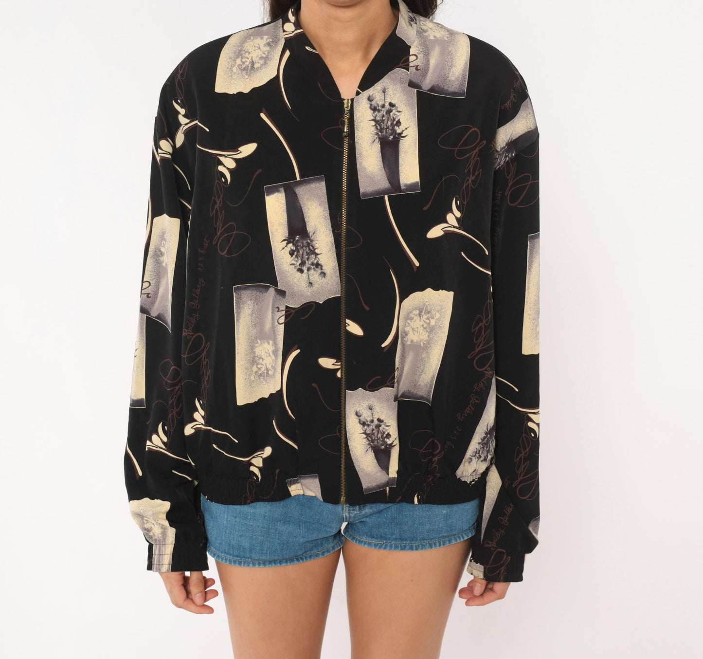 90s Kensington Square Bomber Jacket Black Cream Floral Vase Graphic Large