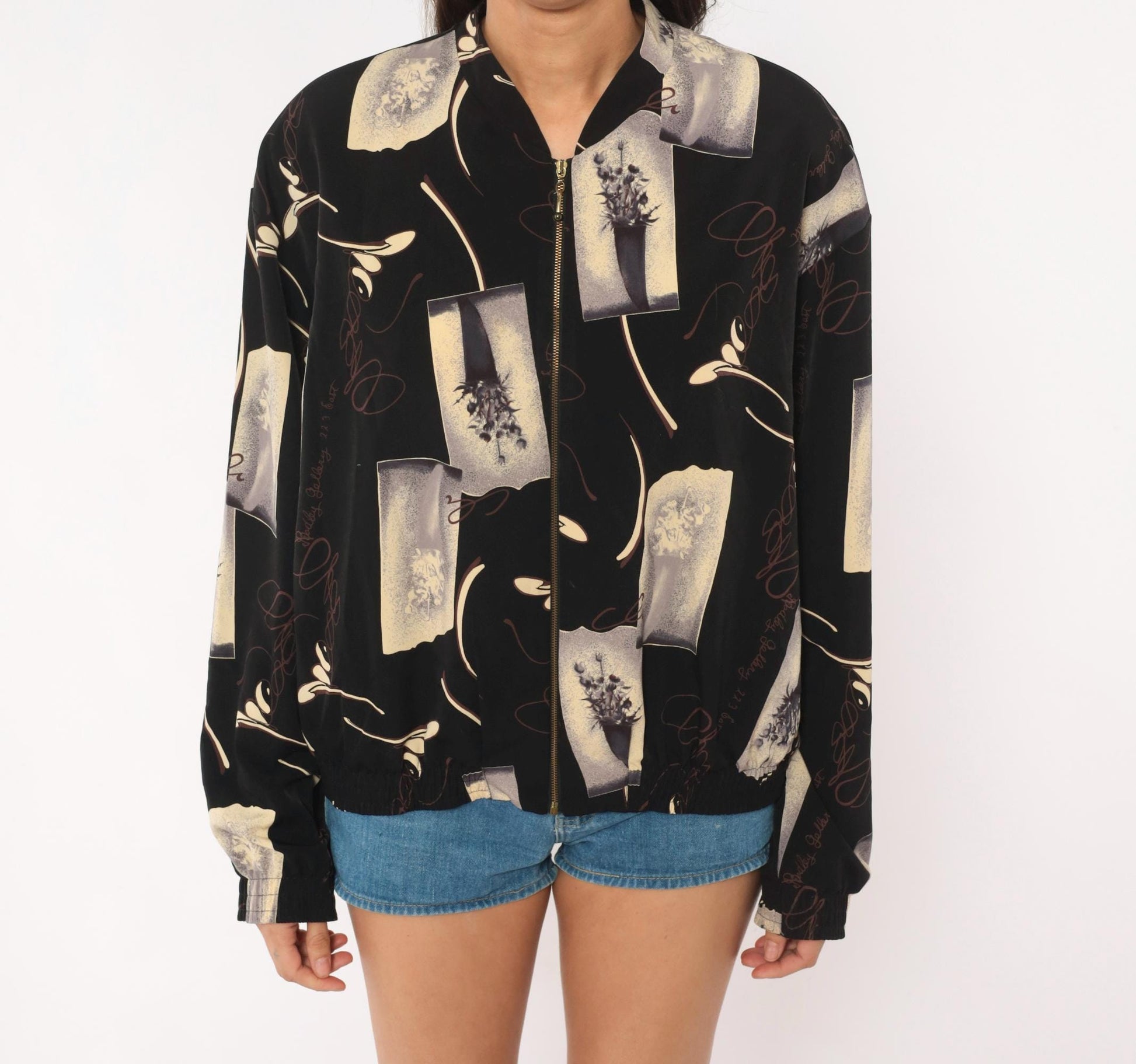 90s Kensington Square Bomber Jacket Black Cream Floral Vase Graphic Large