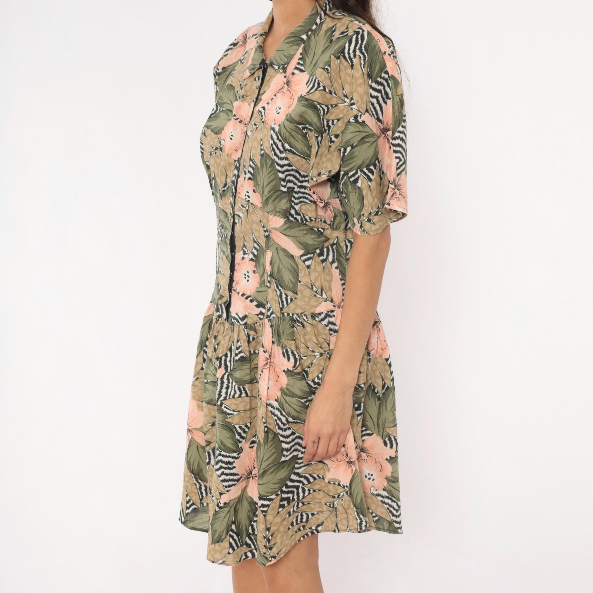 90s Tropical Hibiscus Shirt Dress Floral Print Drop Waist Snap Front Large L