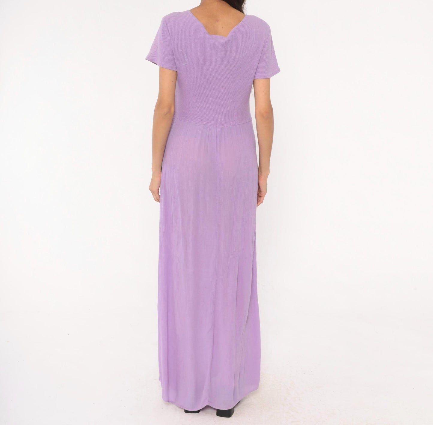 90s Basement Lavender Waffle Knit Maxi Dress Flutter Sleeve Scoop Neck One Size
