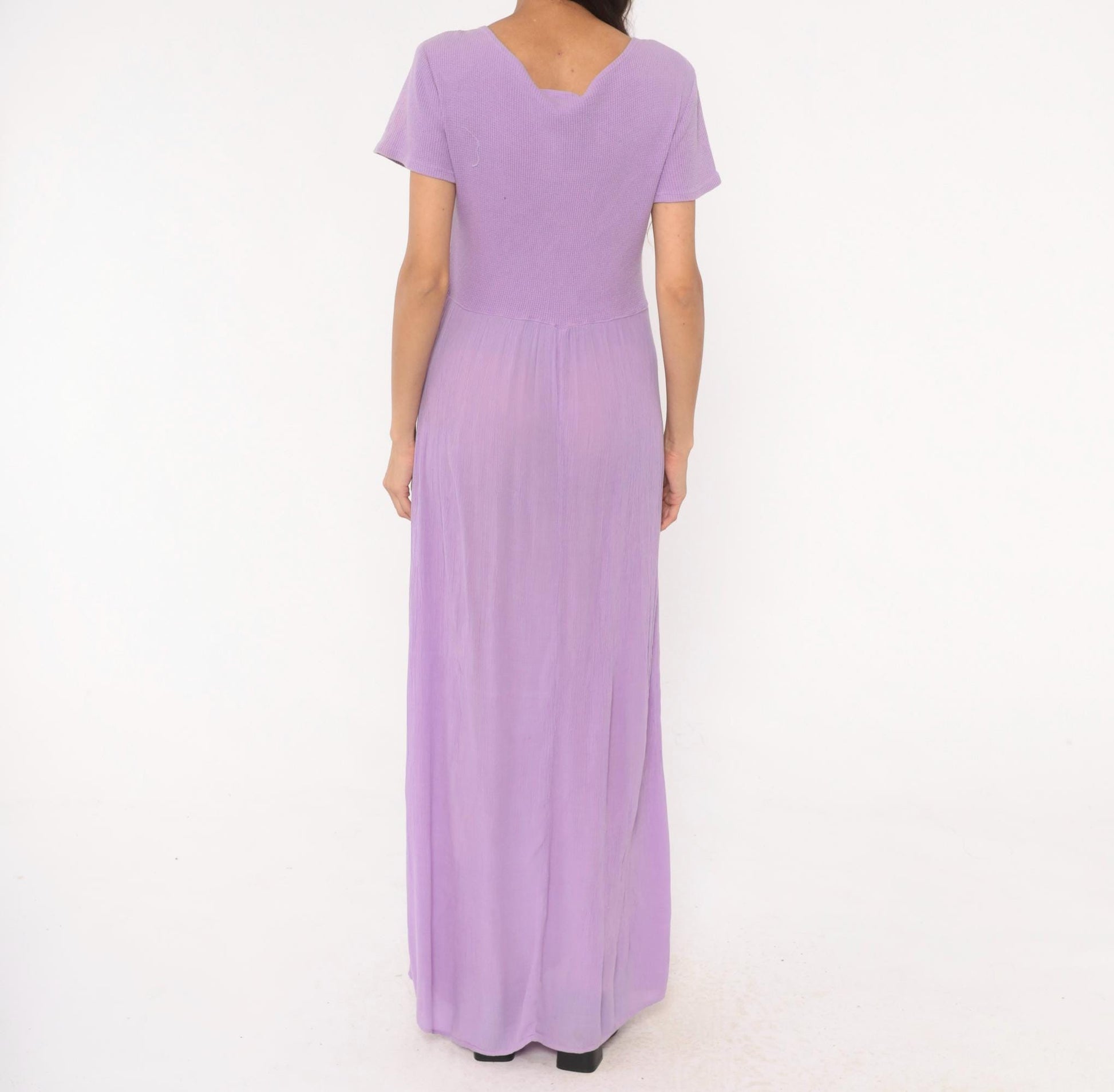 90s Basement Lavender Waffle Knit Maxi Dress Flutter Sleeve Scoop Neck One Size