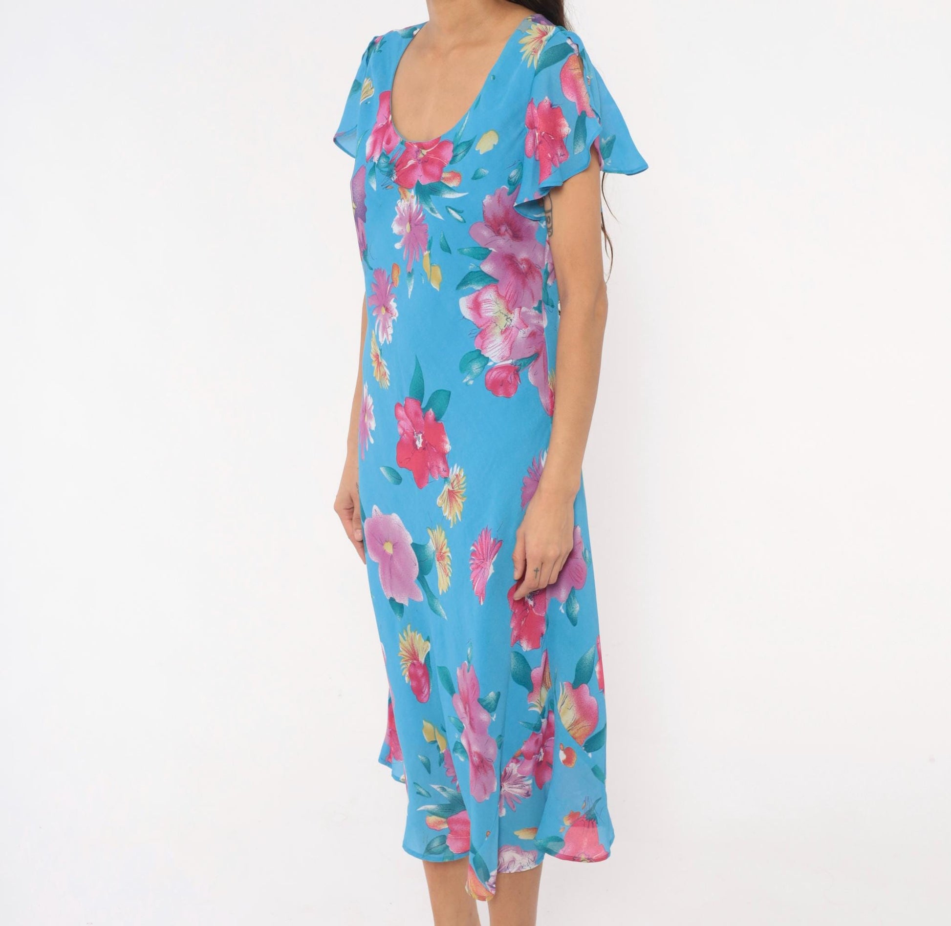 90s Southern Expressions Floral Midi Dress Sky Blue Flutter Sleeve Extra Large