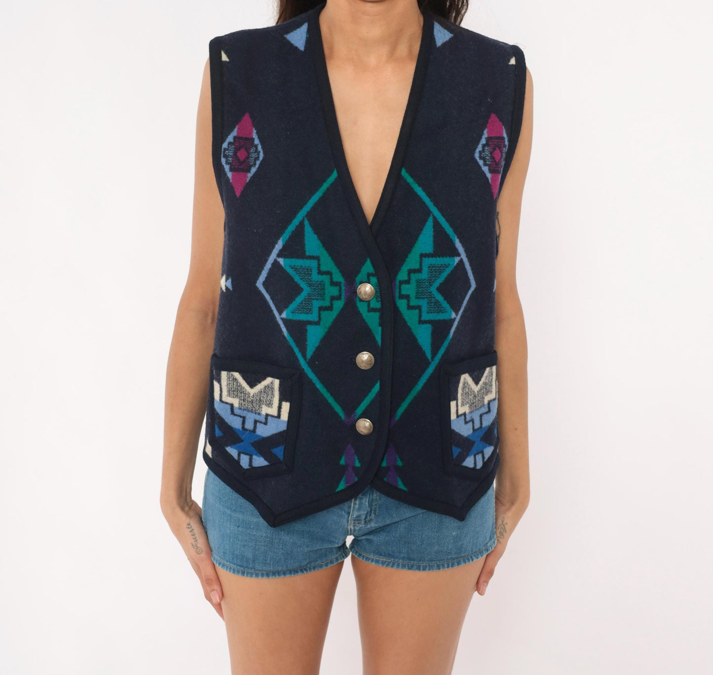 90s Southwestern Wool Vest Navy Geometric Aztec Concho Buttons Large L