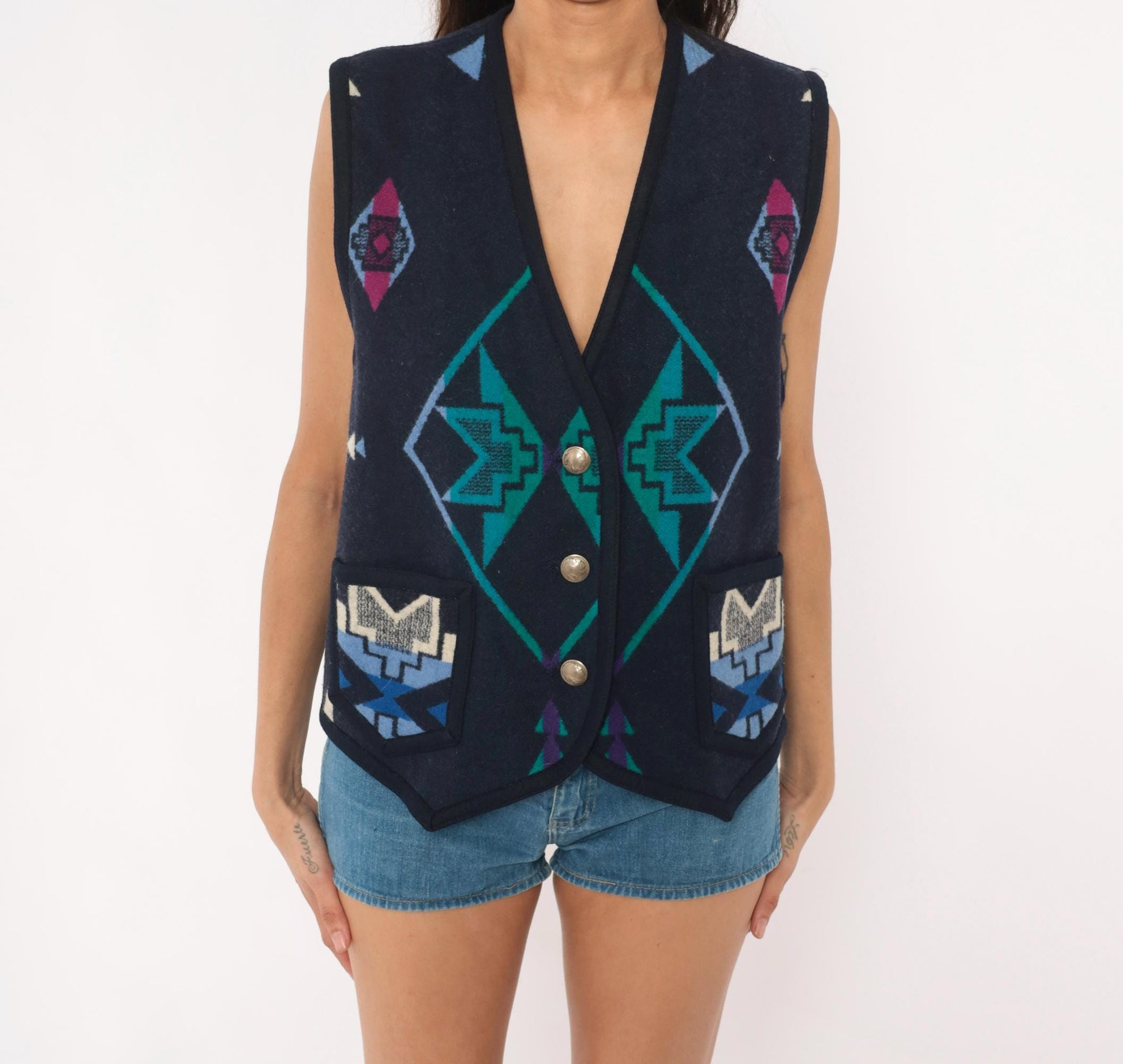 90s Southwestern Wool Vest Navy Geometric Aztec Concho Buttons Large L