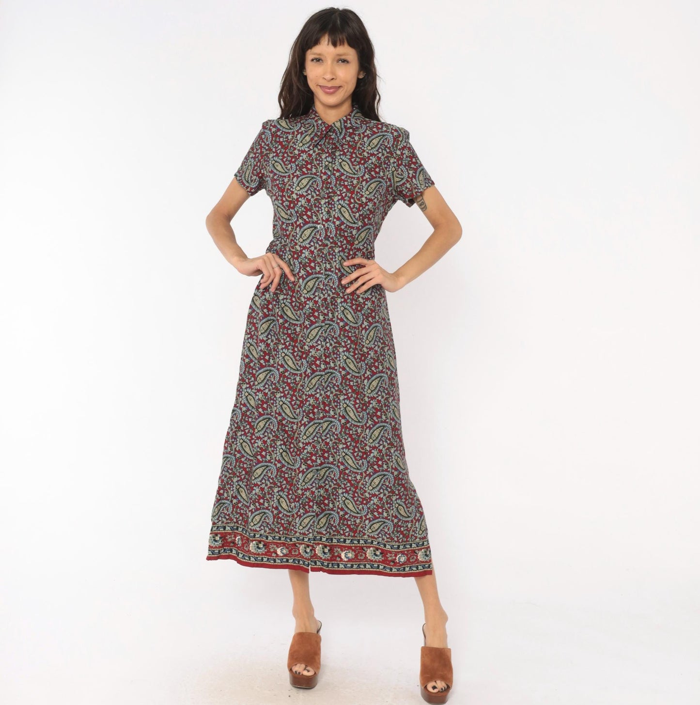 90s Crazy Horse Paisley Maxi Shirtdress Burgundy Small S