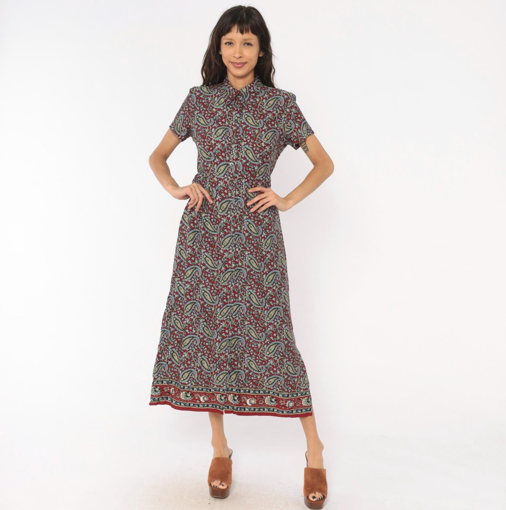 90s Crazy Horse Paisley Maxi Shirtdress Burgundy Small S