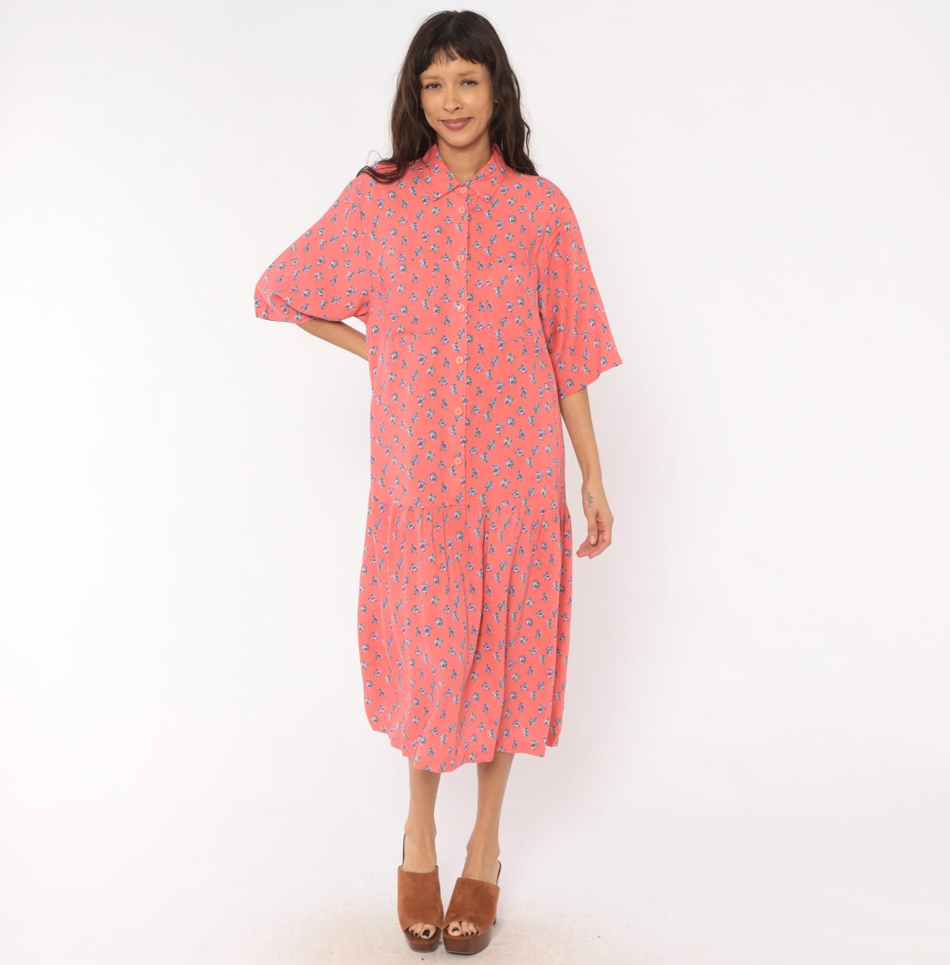 90s Mothercare Maternity Coral Rose Print Midi Dress Button Front Large L