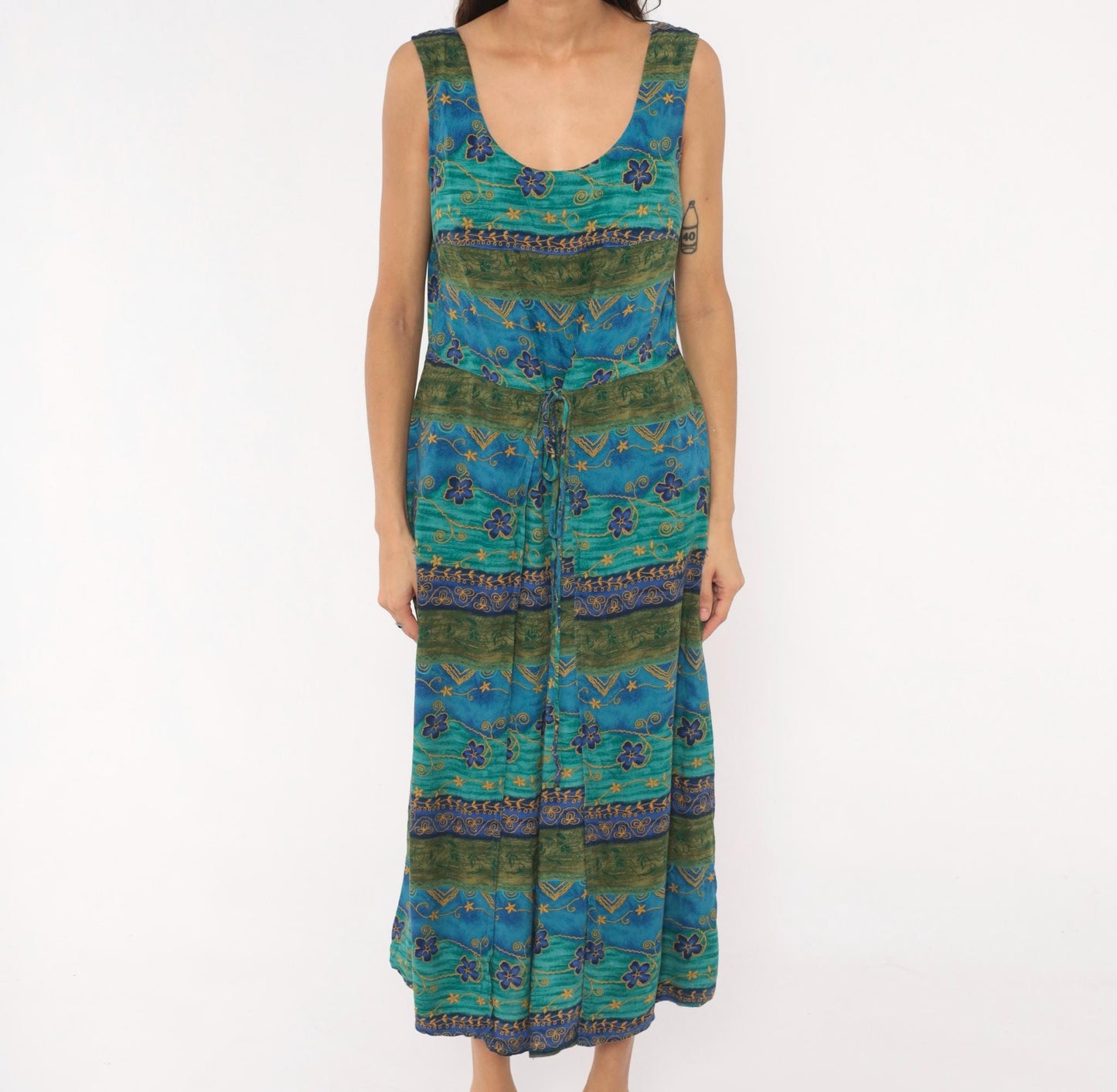 90s Tribal Floral Midi Dress Teal Blue Green Gold Tie Waist Tank Medium M