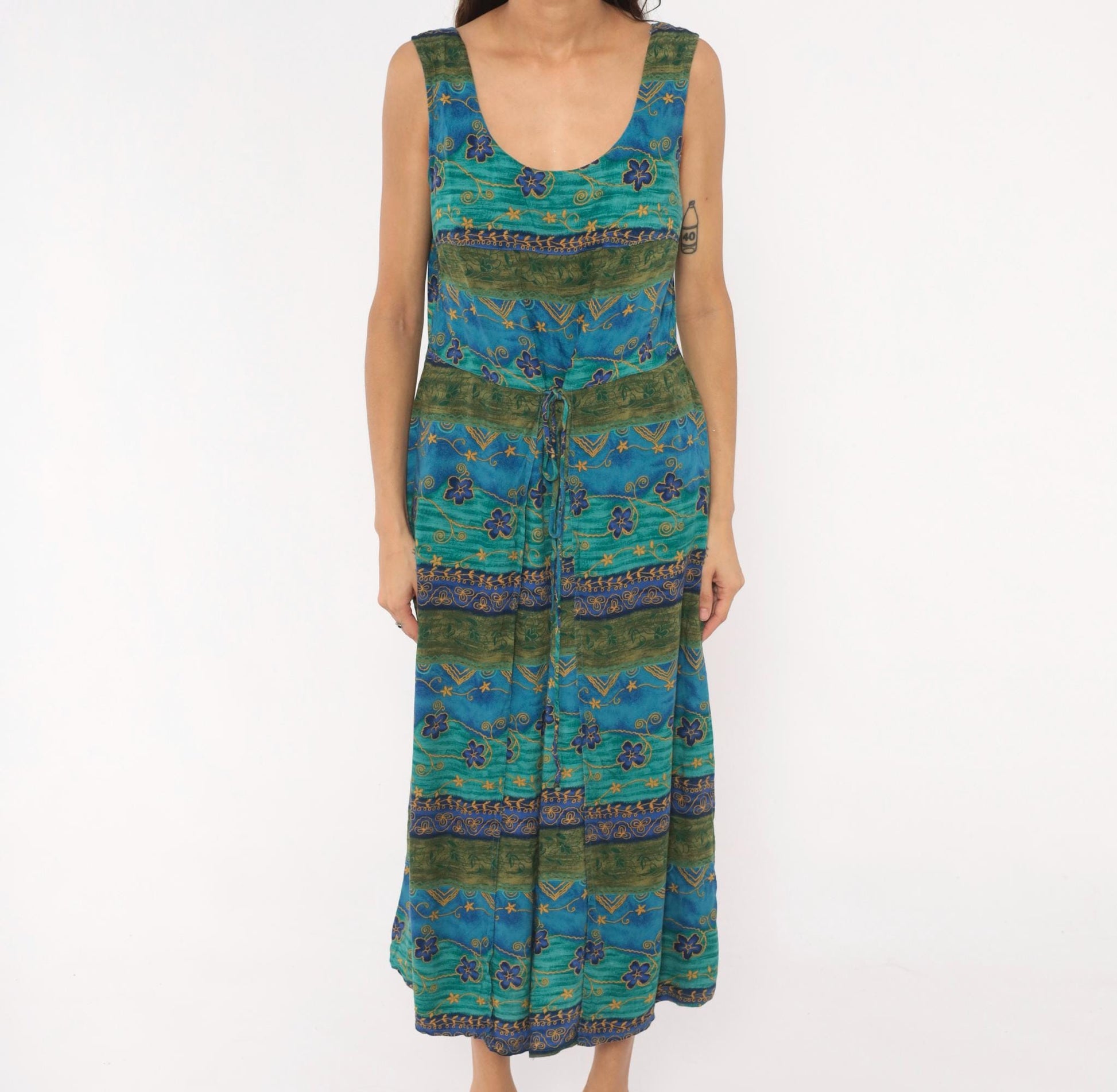 90s Tribal Floral Midi Dress Teal Blue Green Gold Tie Waist Tank Medium M
