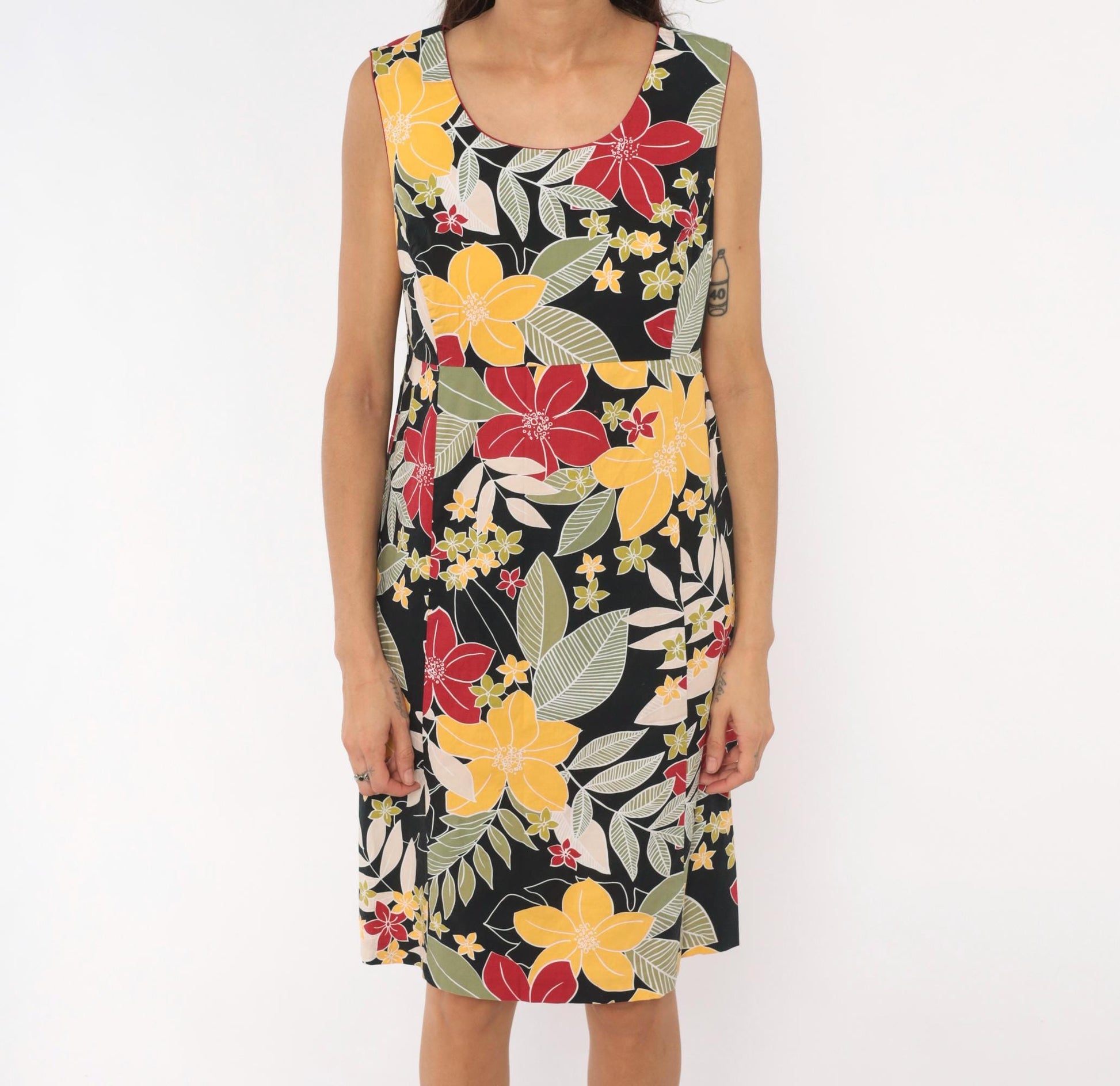 Y2K Erika Dresses Tropical Floral Sundress Black Red Yellow Knee-Length Large L