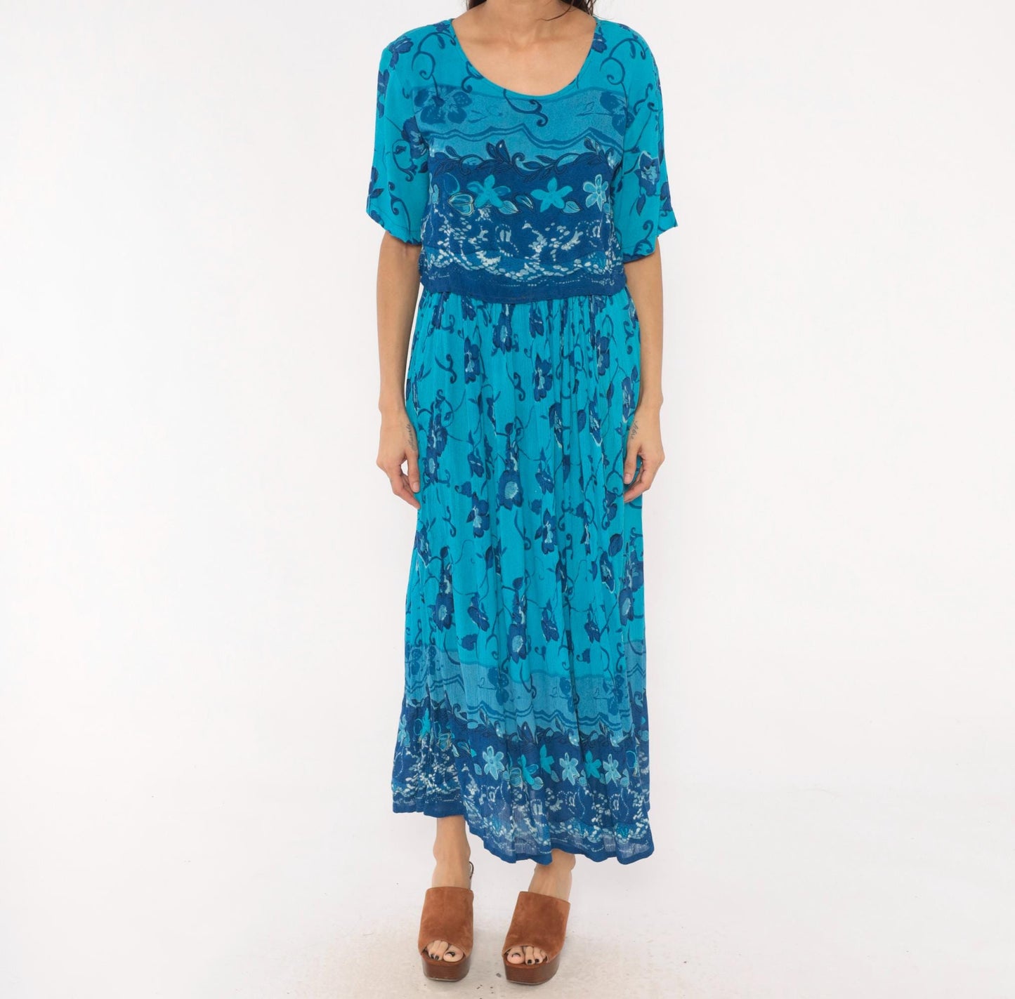 90s Style Teal Floral Maxi Dress Short Sleeve Vine Print Blue Medium M