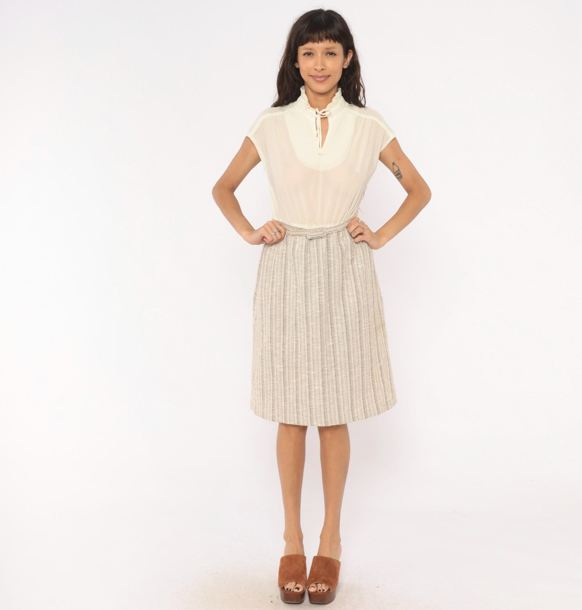 80s Berg Ray Two-Piece Set Sheer Cream Blouse Tan Tweed Skirt Medium M