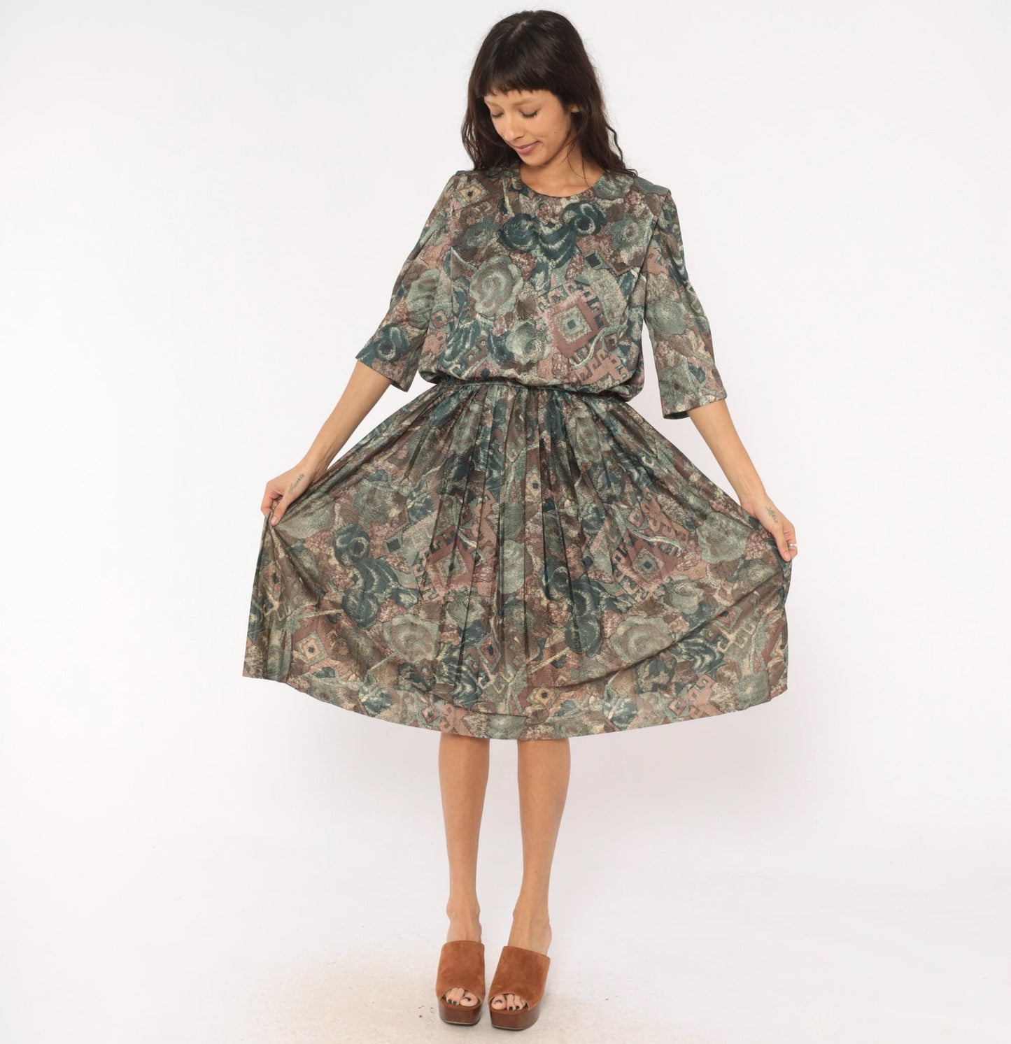 80s M.C.S.Ltd. Abstract Floral Patchwork Dress Puff Sleeve Pleated Knee Teal Medium Large