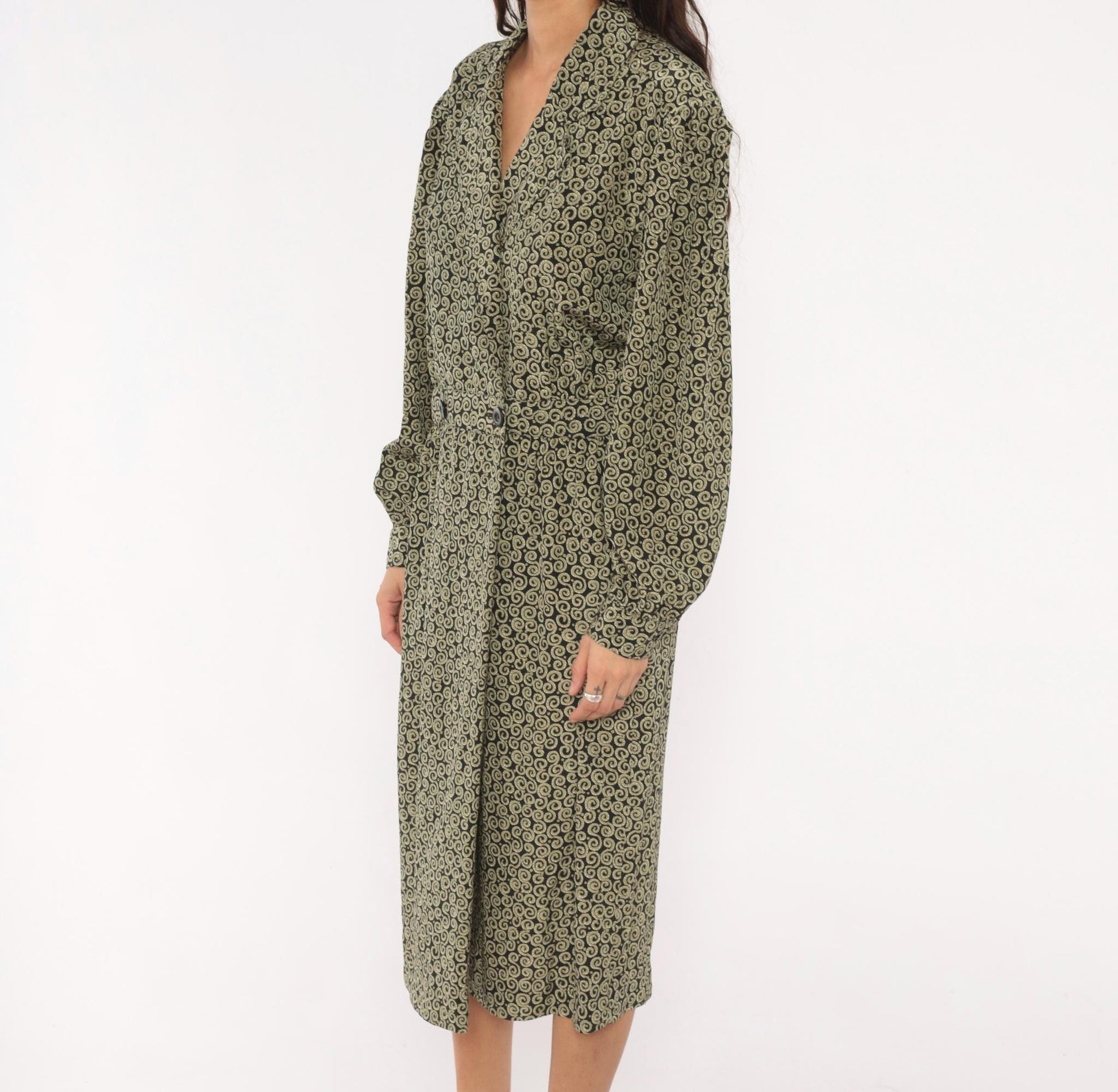 90s Liz Claiborne Navy Olive Scroll Print Midi Shirtdress Large L