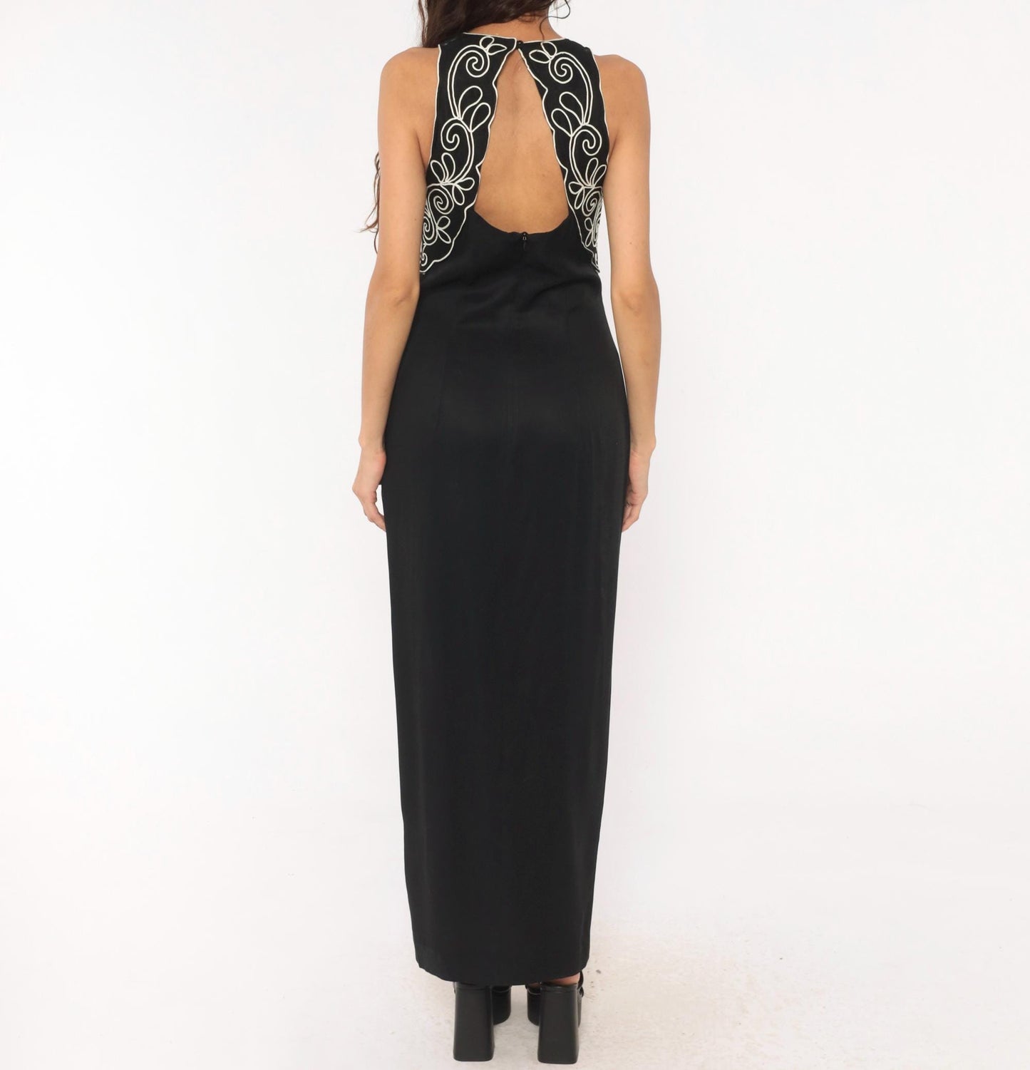 90s Scott Mcclintock Black Maxi Halter Gown White Soutache Embroidery Medium M