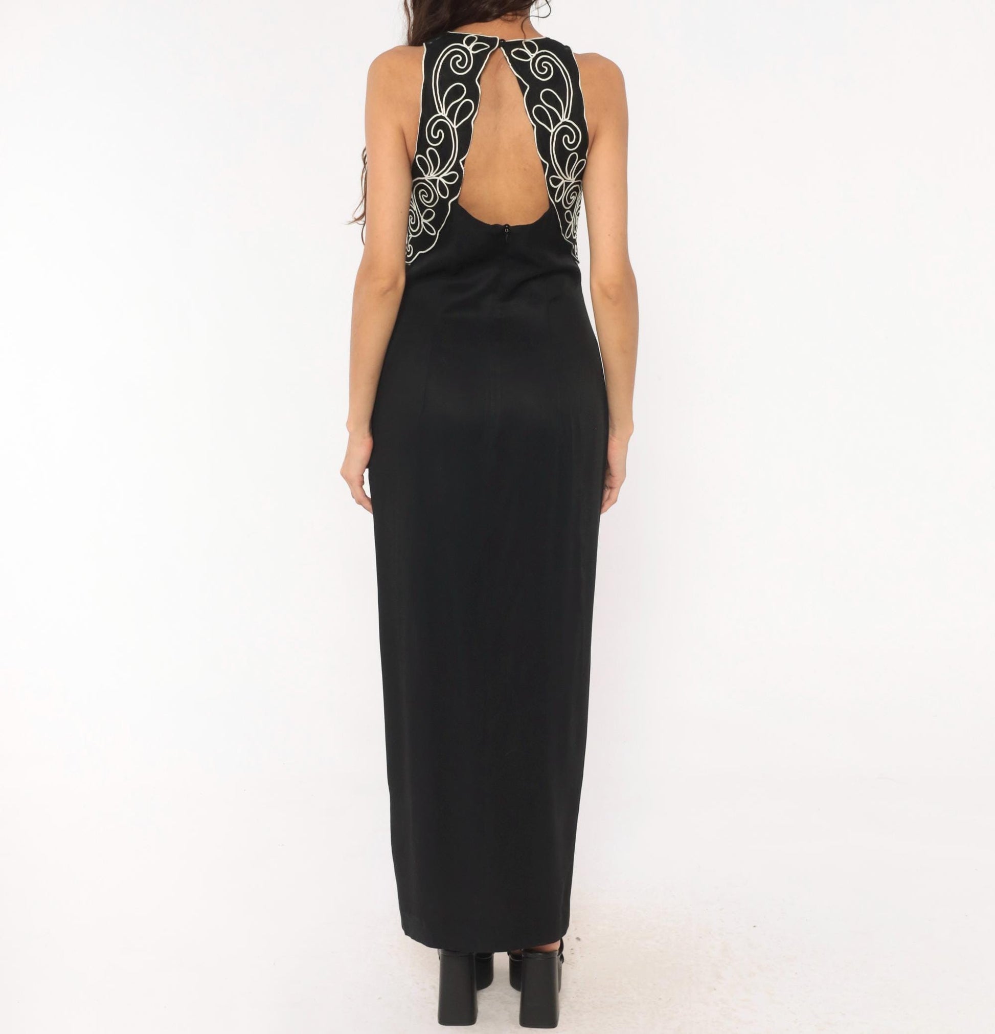 90s Scott Mcclintock Black Maxi Halter Gown White Soutache Embroidery Medium M