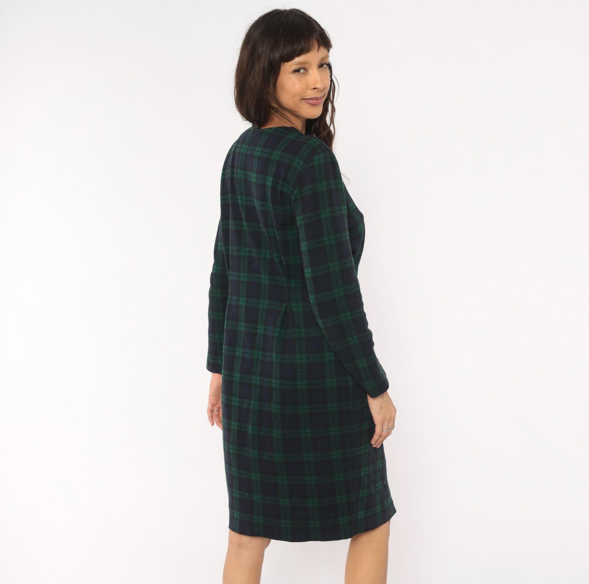 90s Miss Dorby Tartan Plaid Button-Front Shirtdress Navy Teal Cotton Large L