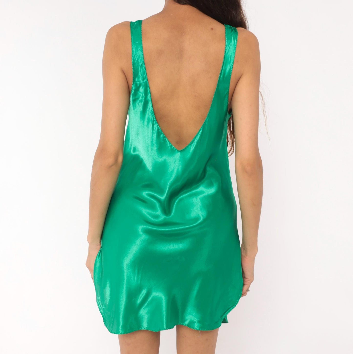 90s Val Mode Emerald Satin Slip Dress Mini V Neck Low Back Medium M