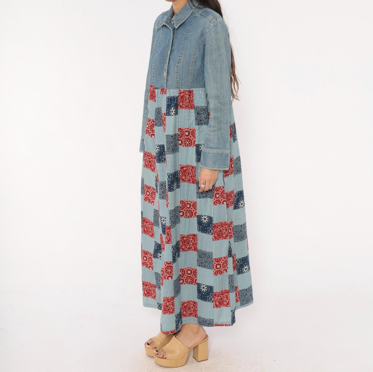 00s Valerie Stevens Patchwork Denim Maxi Dress Bandana Gingham Red Navy Medium