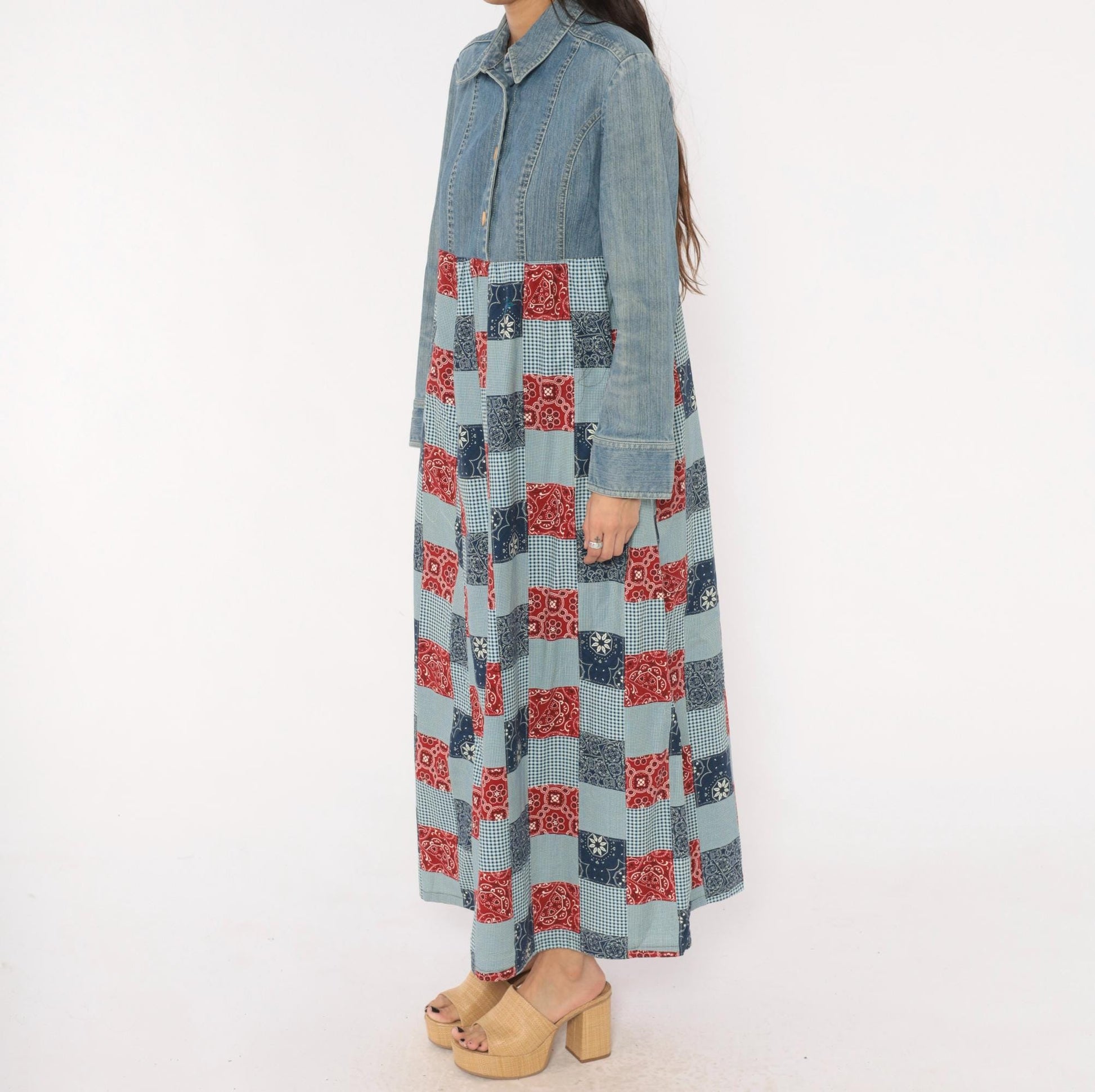 00s Valerie Stevens Patchwork Denim Maxi Dress Bandana Gingham Red Navy Medium
