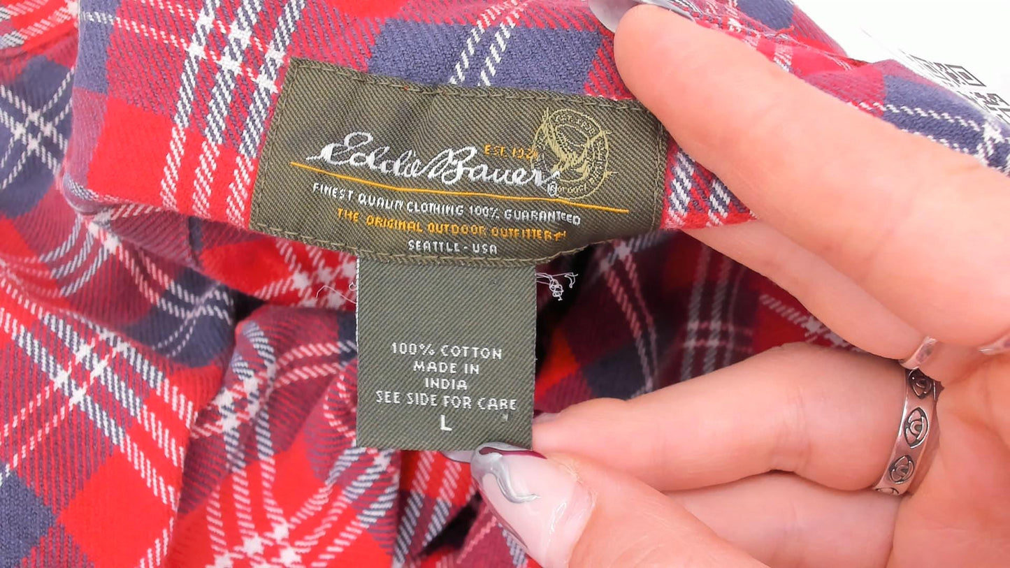 2000s Eddie Bauer Red Plaid Flannel Shirt Cotton Button-Up Large L