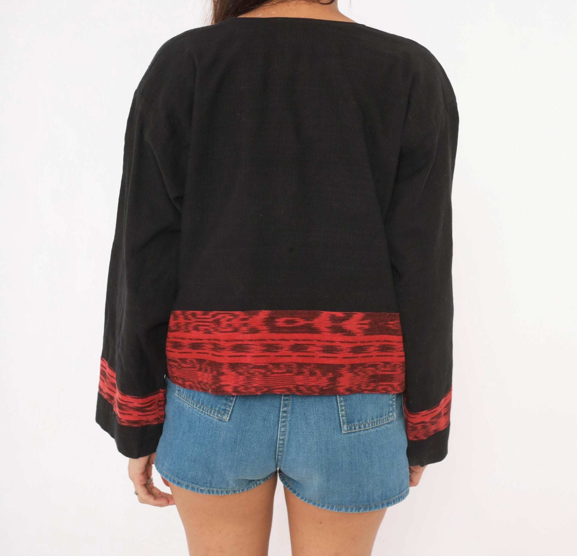 90s Black Cotton Ikat Woven Jacket Red Geometric Folk Art Medium M
