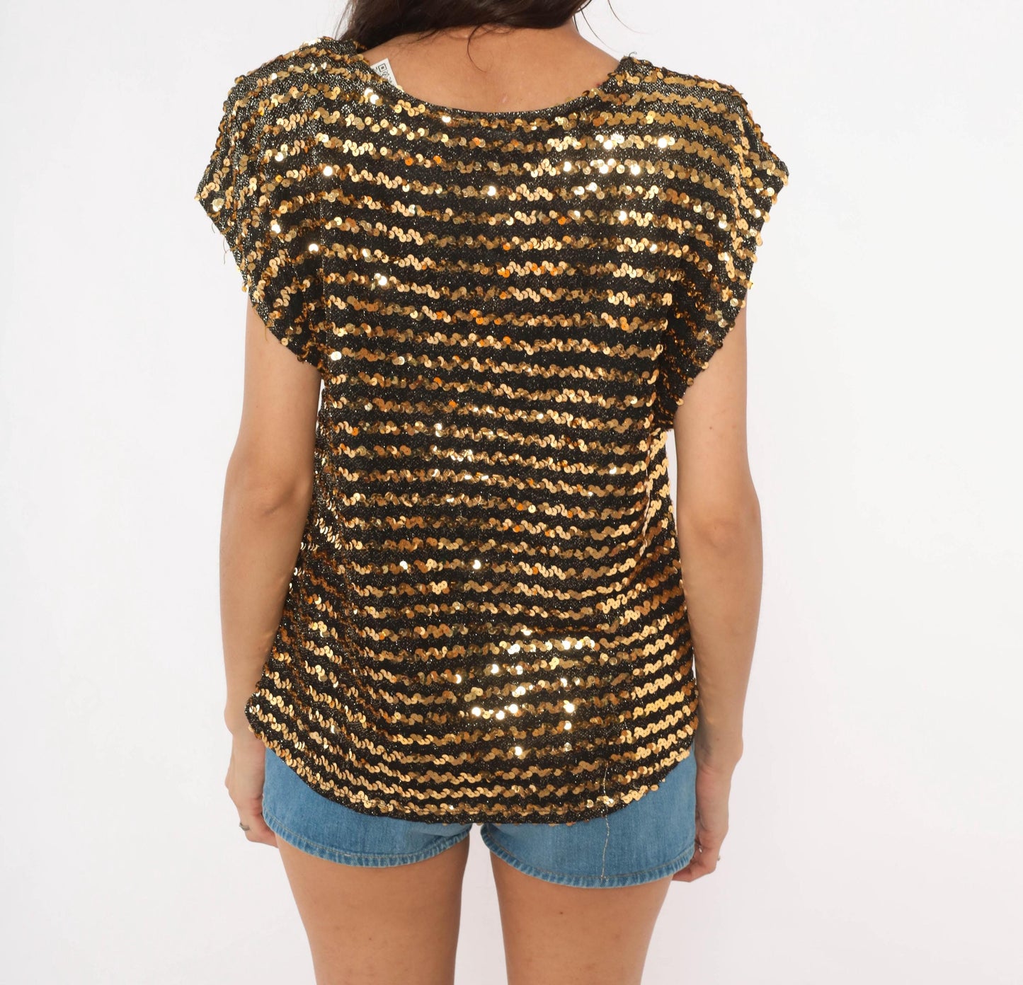 90s Jeri Marque Gold Sequin Striped Knit Top Black Cap Sleeve Medium Large
