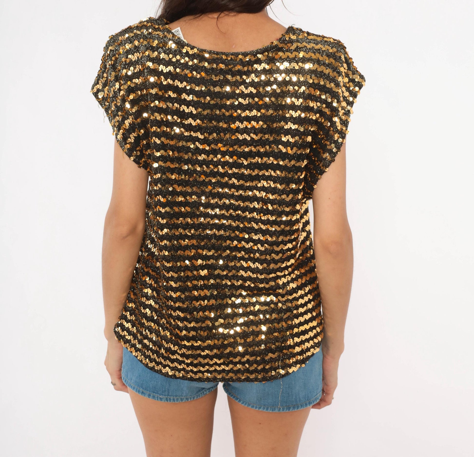 90s Jeri Marque Gold Sequin Striped Knit Top Black Cap Sleeve Medium Large