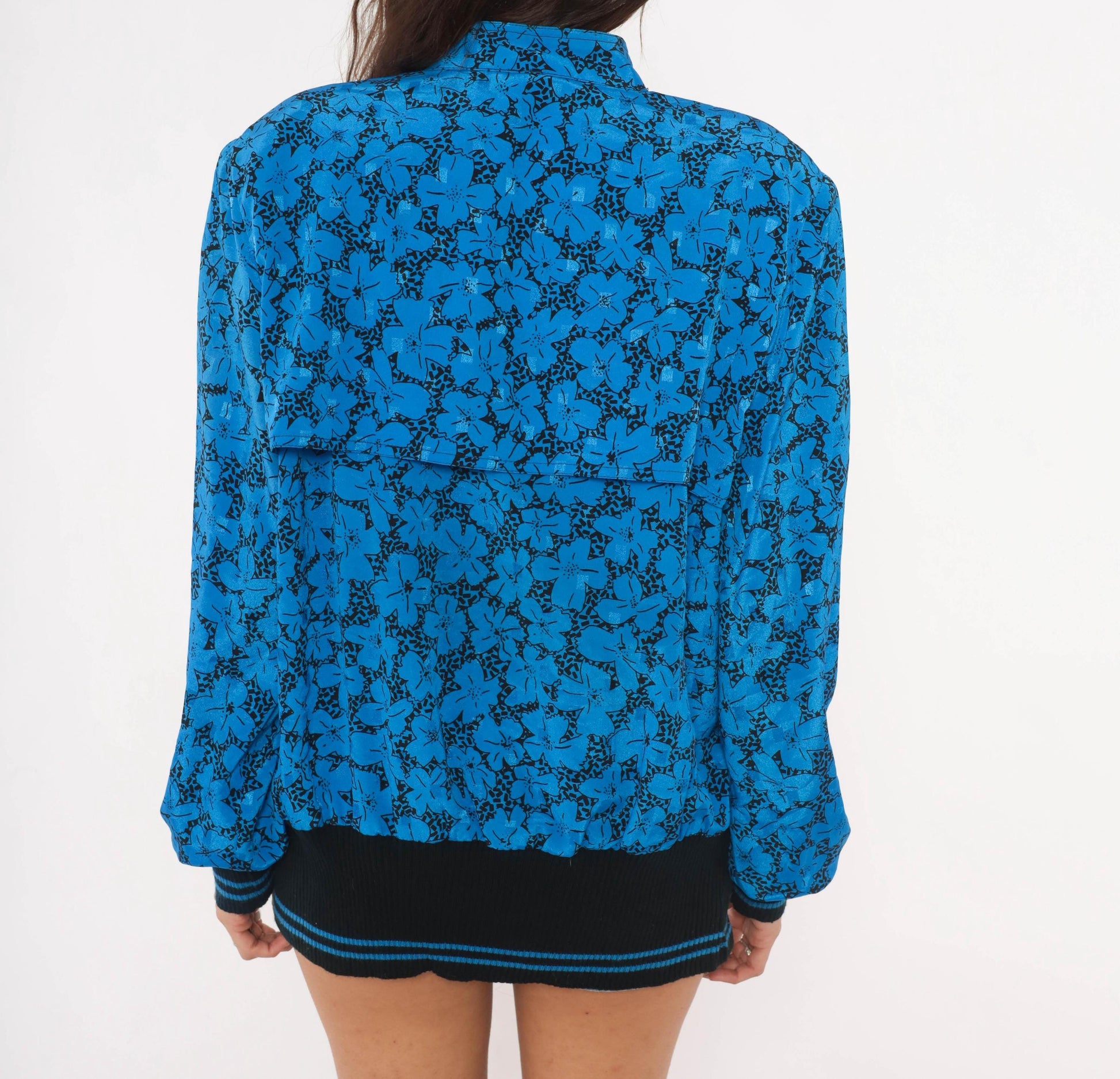 80s B.G.B.Ltd. Floral Bomber Blouse Cobalt Blue Black Mandarin Collar Large L
