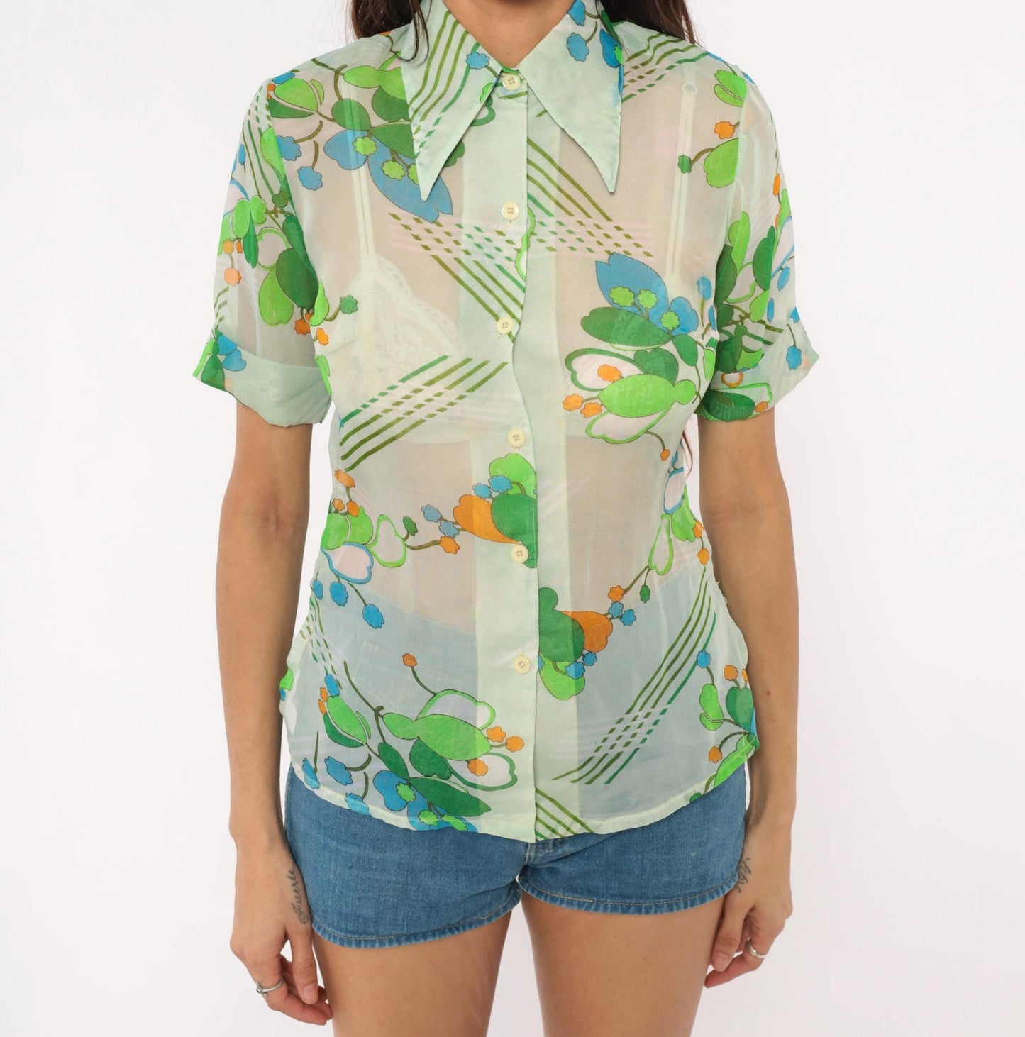 70s Nobel Floral Button-Up Blouse Mint Green Blue Orange Pointed Collar Small