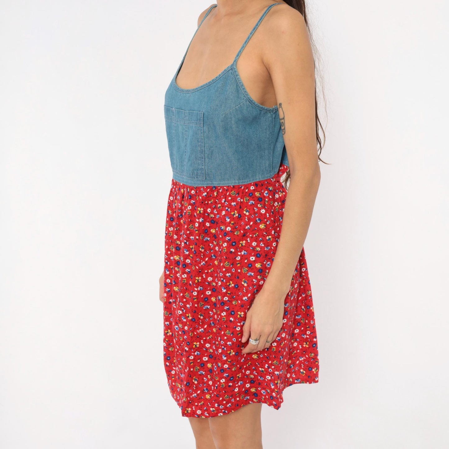 90s California Concepts Denim Floral Sundress Red Calico Mini Medium