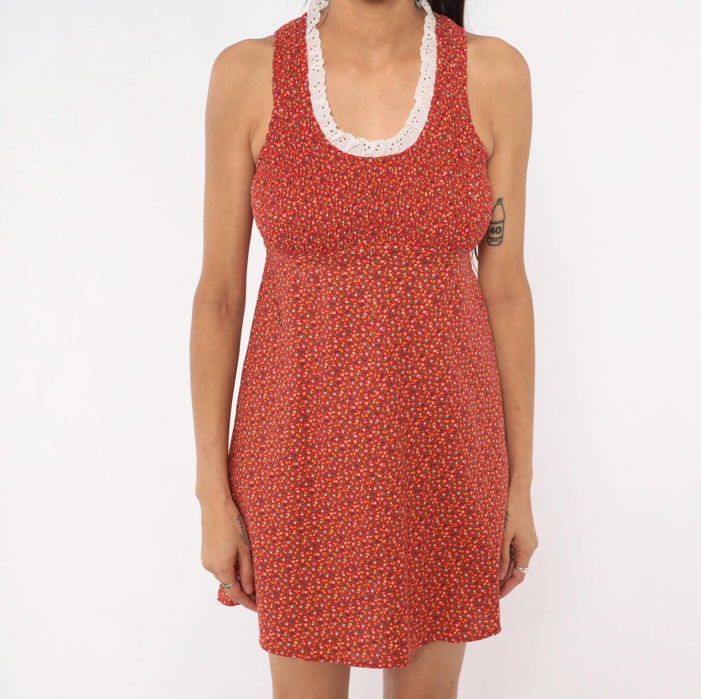 70s Red Ditsy Floral Mini Dress Cotton Eyelet Lace Smocked Small