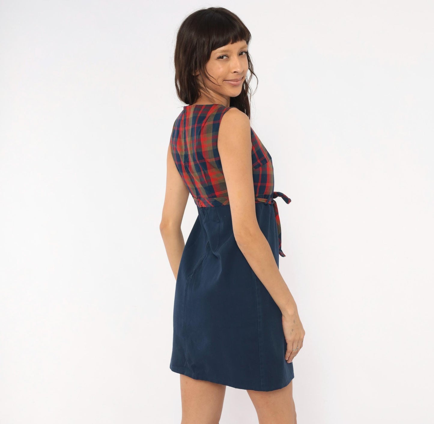 60s College Town Boston Plaid Mini Dress Navy Red Tartan Shift Tie Waist Extra Small XS