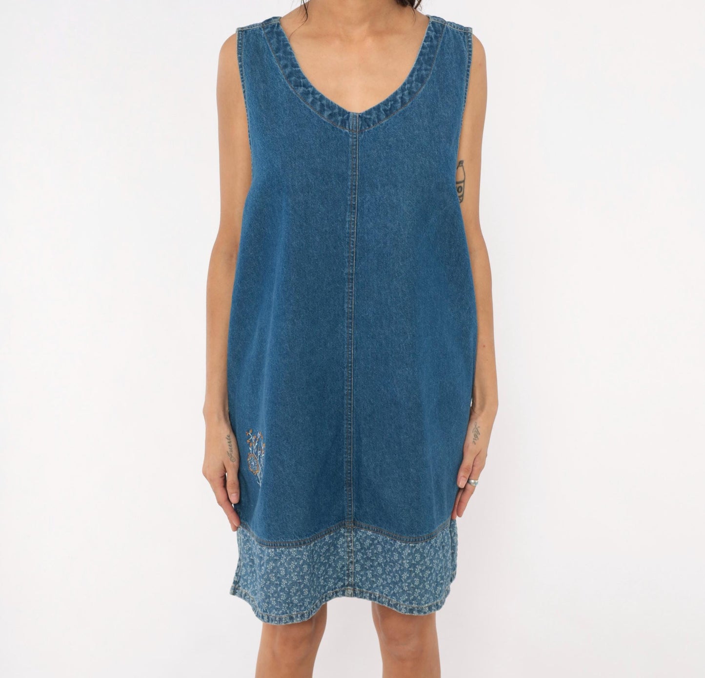 90s Erika & Co. Denim Shift Dress Embroidered Floral Cobalt Extra Large XXL