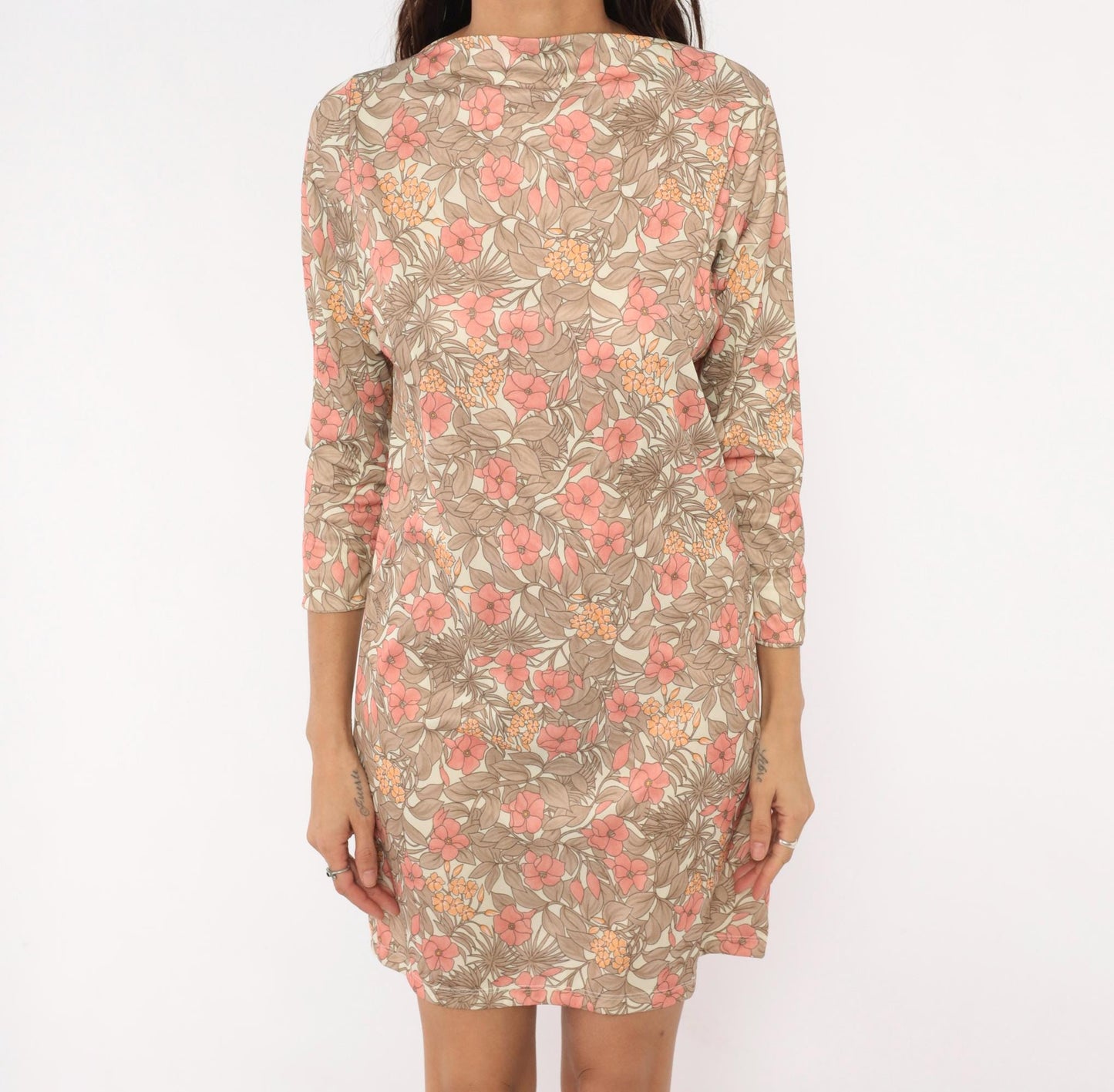 70s Tropical Floral Shift Dress Cream Pink Coral Three-Quarter Sleeve Extra Small XS