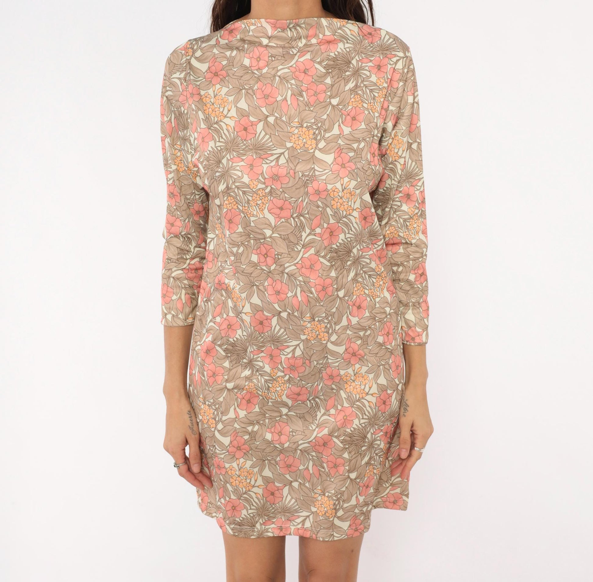 70s Tropical Floral Shift Dress Cream Pink Coral Three-Quarter Sleeve Extra Small XS